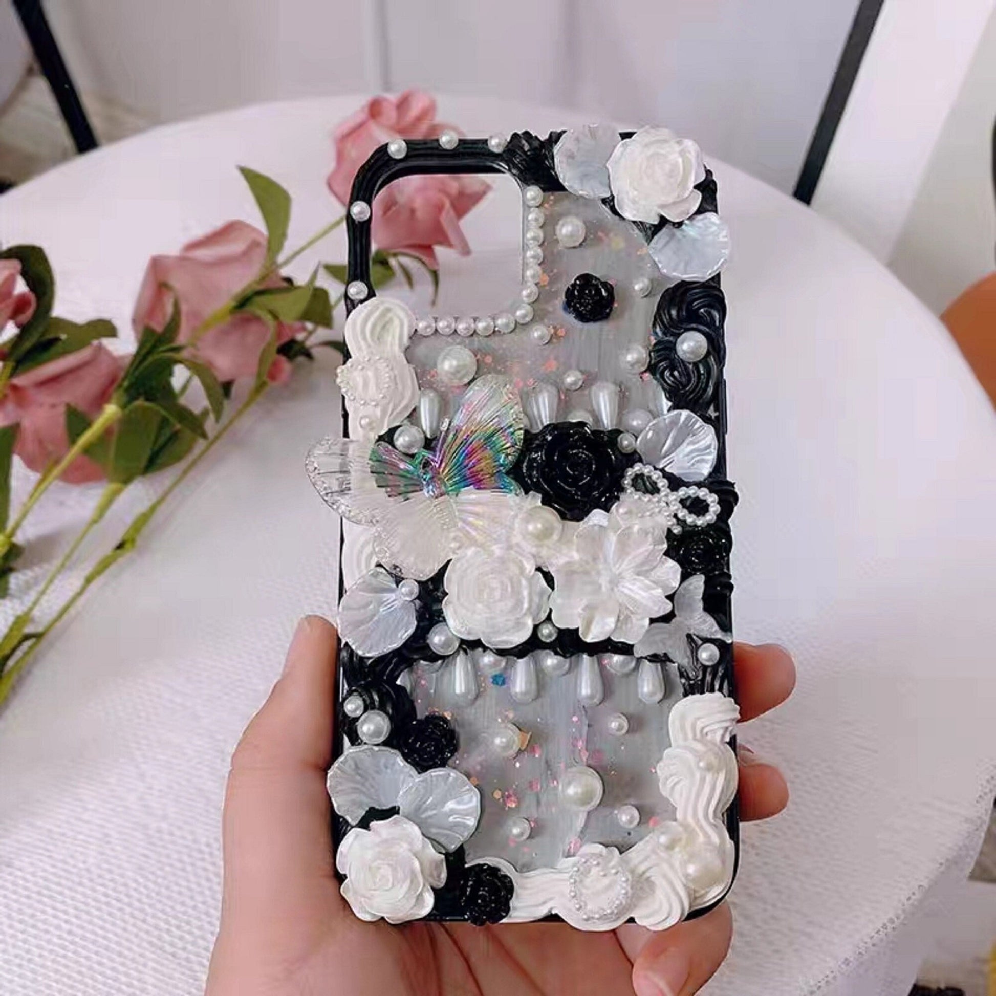 Decoden Custom Phone Case DIY Craft Kits | Flowers Iridescent Butterflies Teardrop Pearls Charms | Samsung Android iPhone Cases - MeowsomeCrafts