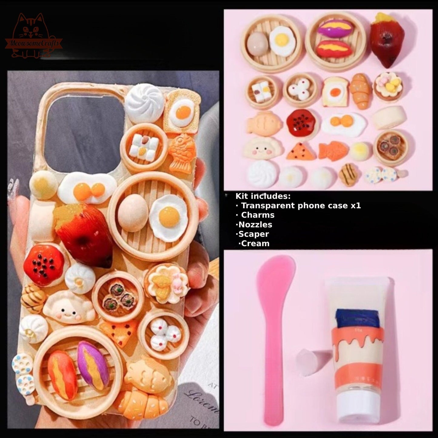 Decoden Custom Phone Case DIY Craft Kits | Food Sushi Dumplings Pizza Bread Meat Dessert Charms | Samsung Android iPhone Cases - MeowsomeCrafts