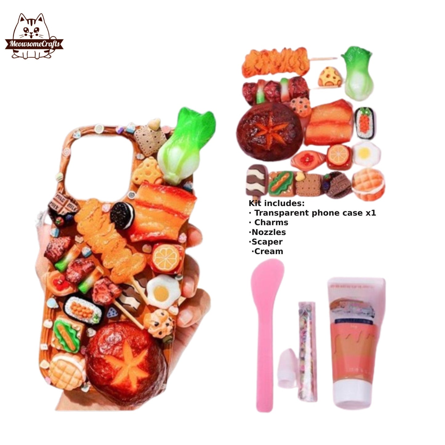 Decoden Custom Phone Case DIY Craft Kits | Food Sushi Dumplings Pizza Bread Meat Dessert Charms | Samsung Android iPhone Cases - MeowsomeCrafts