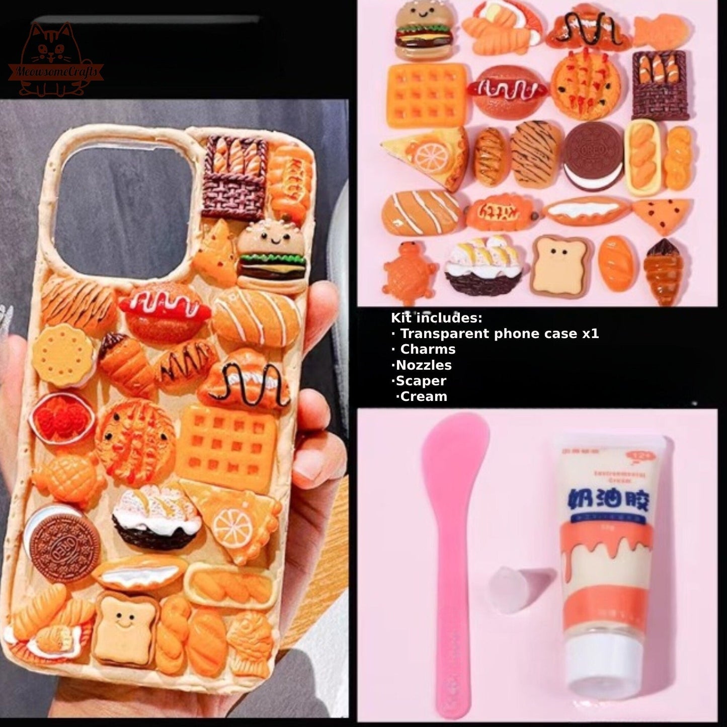 Decoden Custom Phone Case DIY Craft Kits | Food Sushi Dumplings Pizza Bread Meat Dessert Charms | Samsung Android iPhone Cases - MeowsomeCrafts