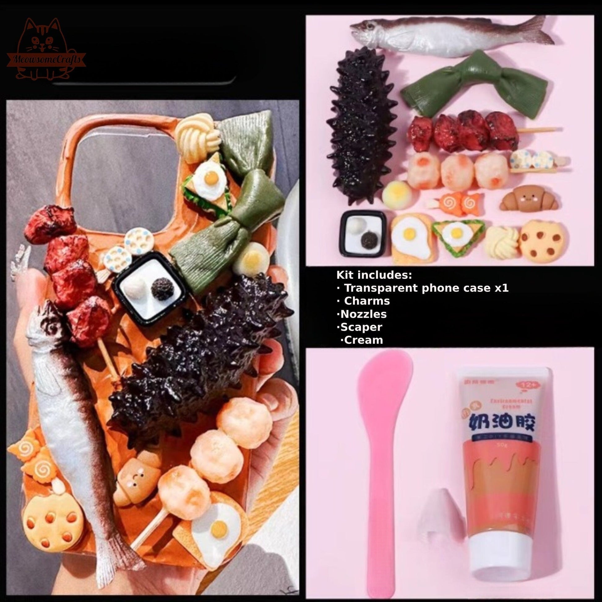 Decoden Custom Phone Case DIY Craft Kits | Food Sushi Dumplings Pizza Bread Meat Dessert Charms | Samsung Android iPhone Cases - MeowsomeCrafts