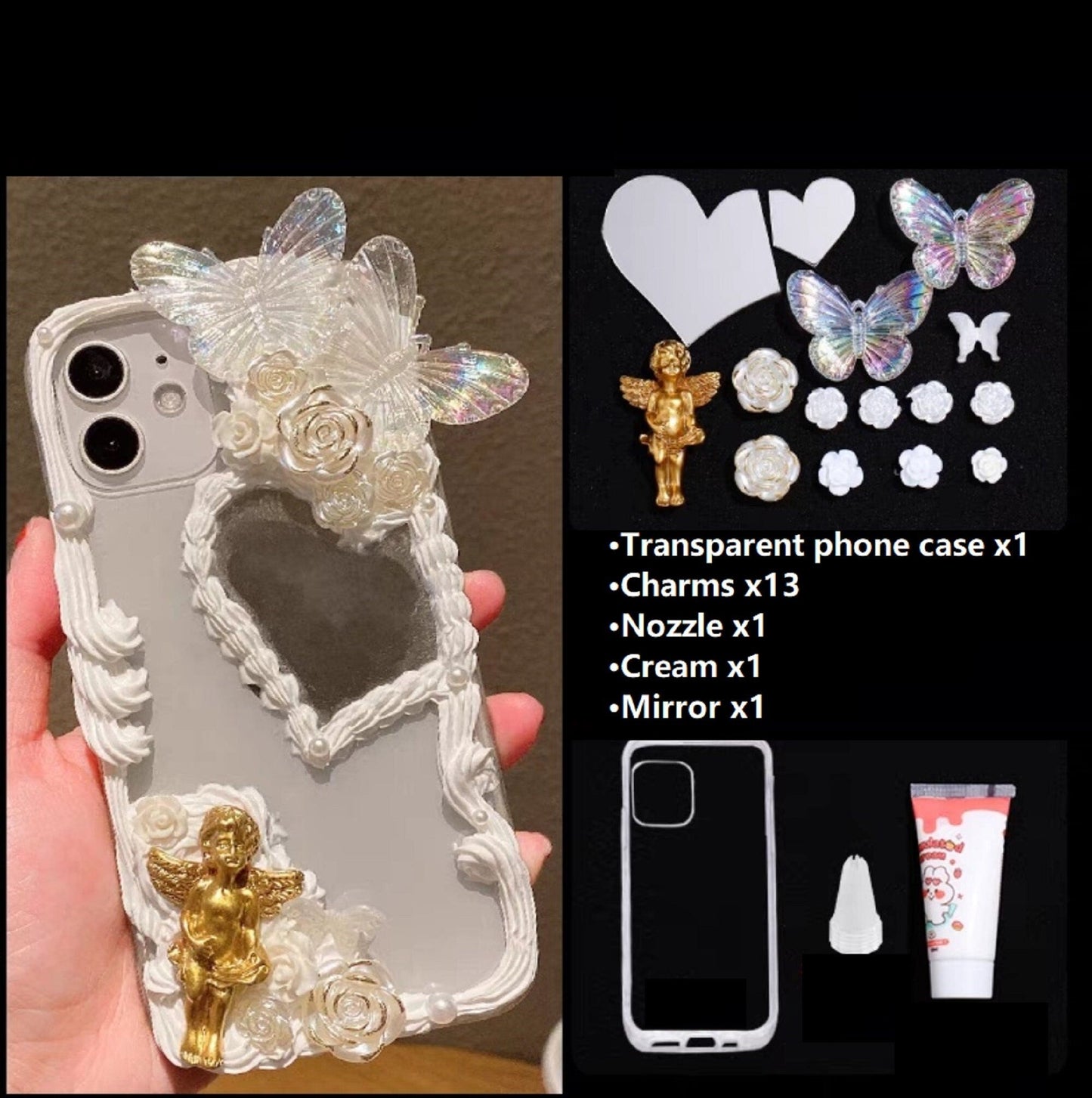 Decoden Custom Phone Case DIY Craft Kits | Iridescent Butterflies Mirror Pearls Frames Angels Charms | Samsung Android iPhone Cases - MeowsomeCrafts