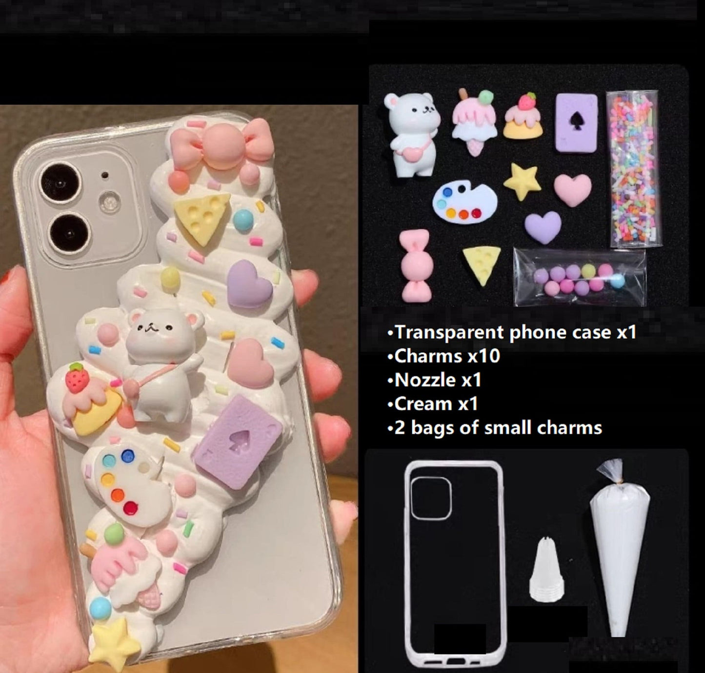 Decoden Custom Phone Case DIY Craft Kits | Kawaii Bear Heart Bag Food Candy Sprinkles Charms | Samsung Android iPhone Cases - MeowsomeCrafts