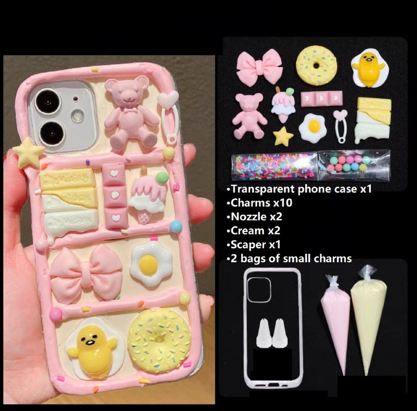 Decoden Custom Phone Case DIY Craft Kits | Kawaii Bear Heart Bag Food Candy Sprinkles Charms | Samsung Android iPhone Cases - MeowsomeCrafts