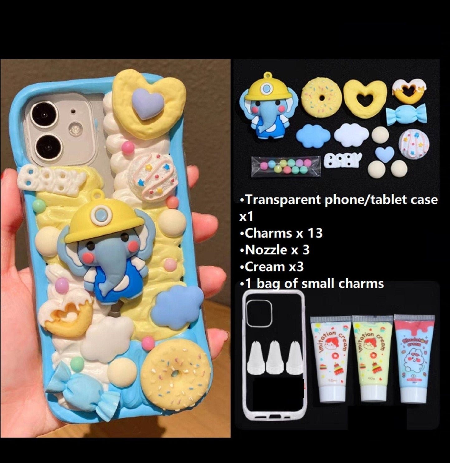 Decoden Custom Phone Case DIY Craft Kits | Kawaii Elephant Rabbit Baby Clouds Stars Candy Charms | Samsung Android iPhone Cases - MeowsomeCrafts