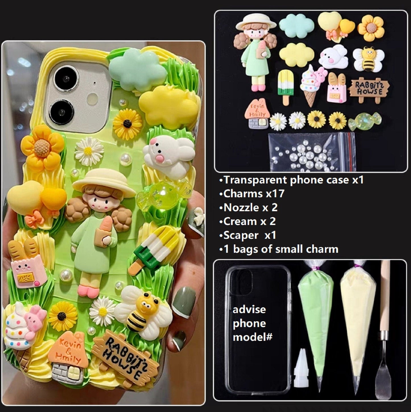 Decoden Custom Phone Case DIY Craft Kits | Kawaii Girl Plants Flowers Clouds Mushroom Candy Bee Charms | Samsung Android iPhone Cases - MeowsomeCrafts