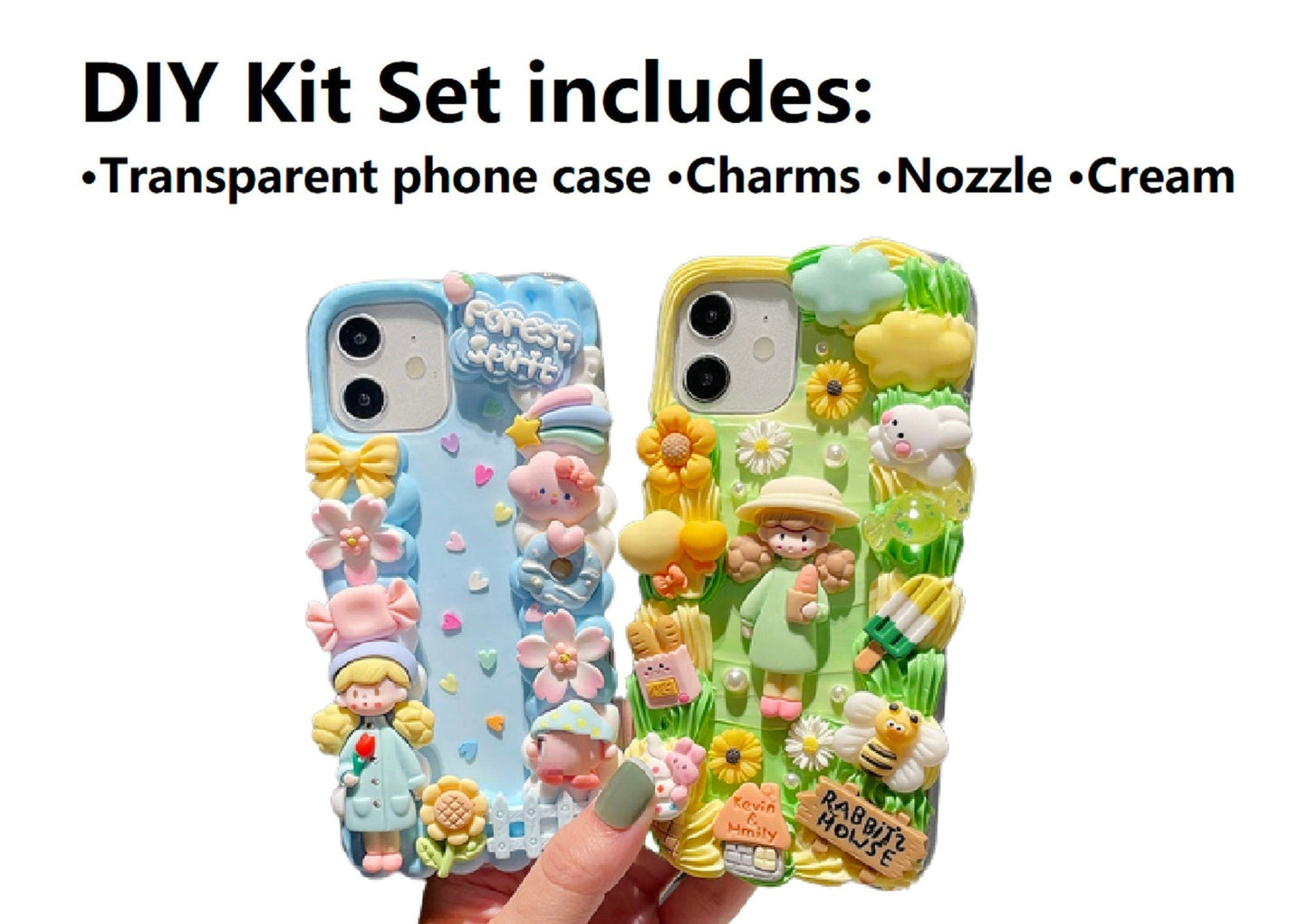 Decoden Custom Phone Case DIY Craft Kits | Kawaii Girl Plants Flowers Clouds Mushroom Candy Bee Charms | Samsung Android iPhone Cases - MeowsomeCrafts