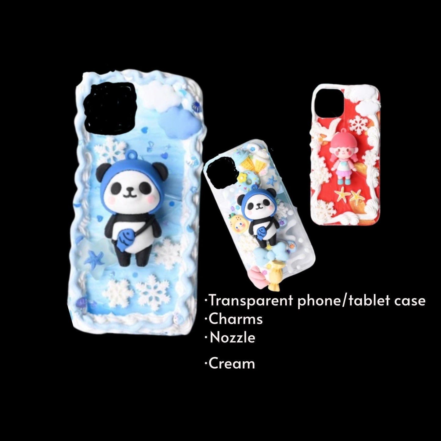 Decoden Custom Phone Case DIY Craft Kits | Kawaii Panda Girl Clouds Snowflakes Candy Charms | Samsung Android iPhone Cases - MeowsomeCrafts