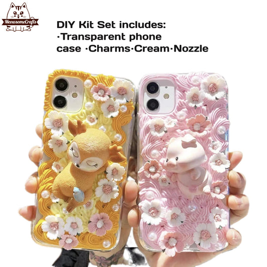 Decoden Custom Phone Case DIY Craft Kits | Kawaii Pig Sika Baby Deer Flowers Daffodils Pearls Charms | Samsung Android iPhone Cases - MeowsomeCrafts