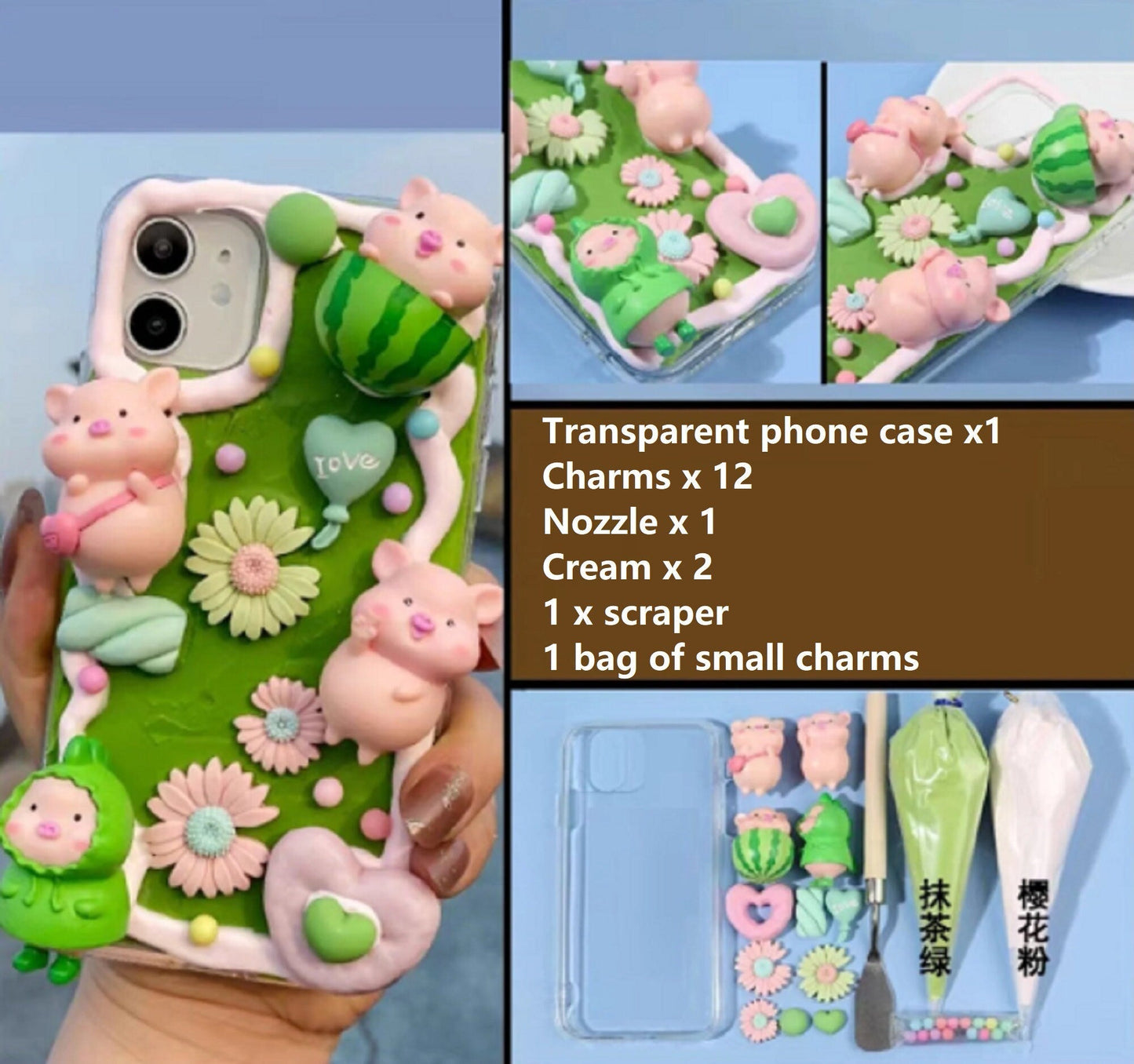 Decoden Custom Phone Case DIY Craft Kits | Kawaii Pig Watermelon Flowers Heart Balloon Candy Charms | Samsung Android iPhone Cases - MeowsomeCrafts