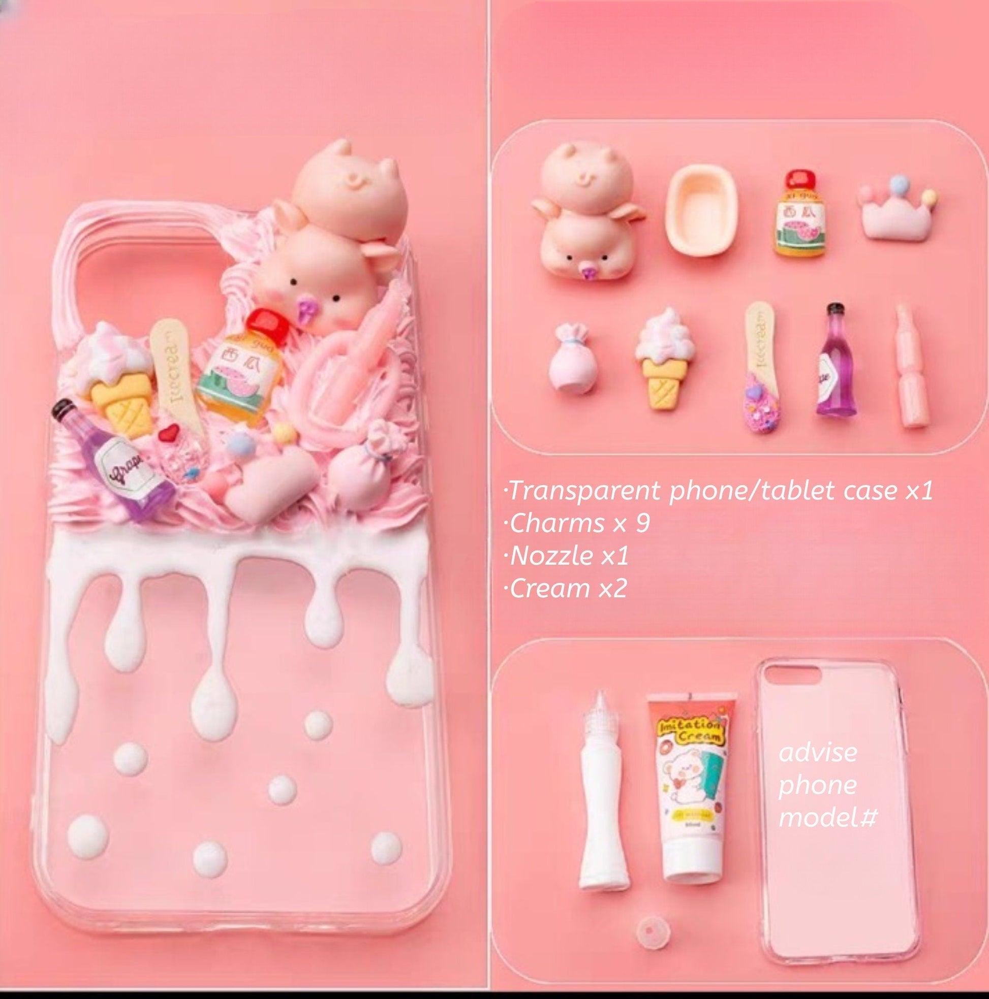 Decoden Custom Phone Case DIY Craft Kits | Kawaii Pigs School Supplies Food Drinks Toys Charms | Samsung Android iPhone Cases - MeowsomeCrafts