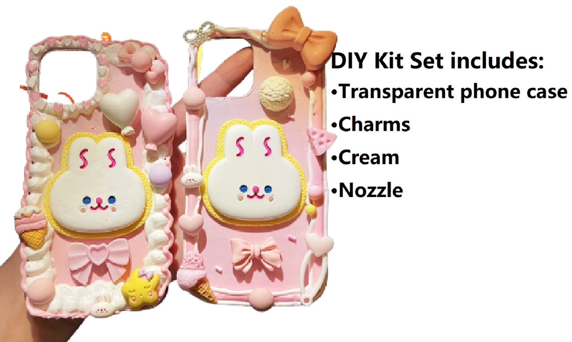 Decoden Custom Phone Case DIY Craft Kits | Kawaii Rabbit Bow Strawberry Peach Ice Cream Pearls Bows Charms | Samsung Android iPhone Cases - MeowsomeCrafts