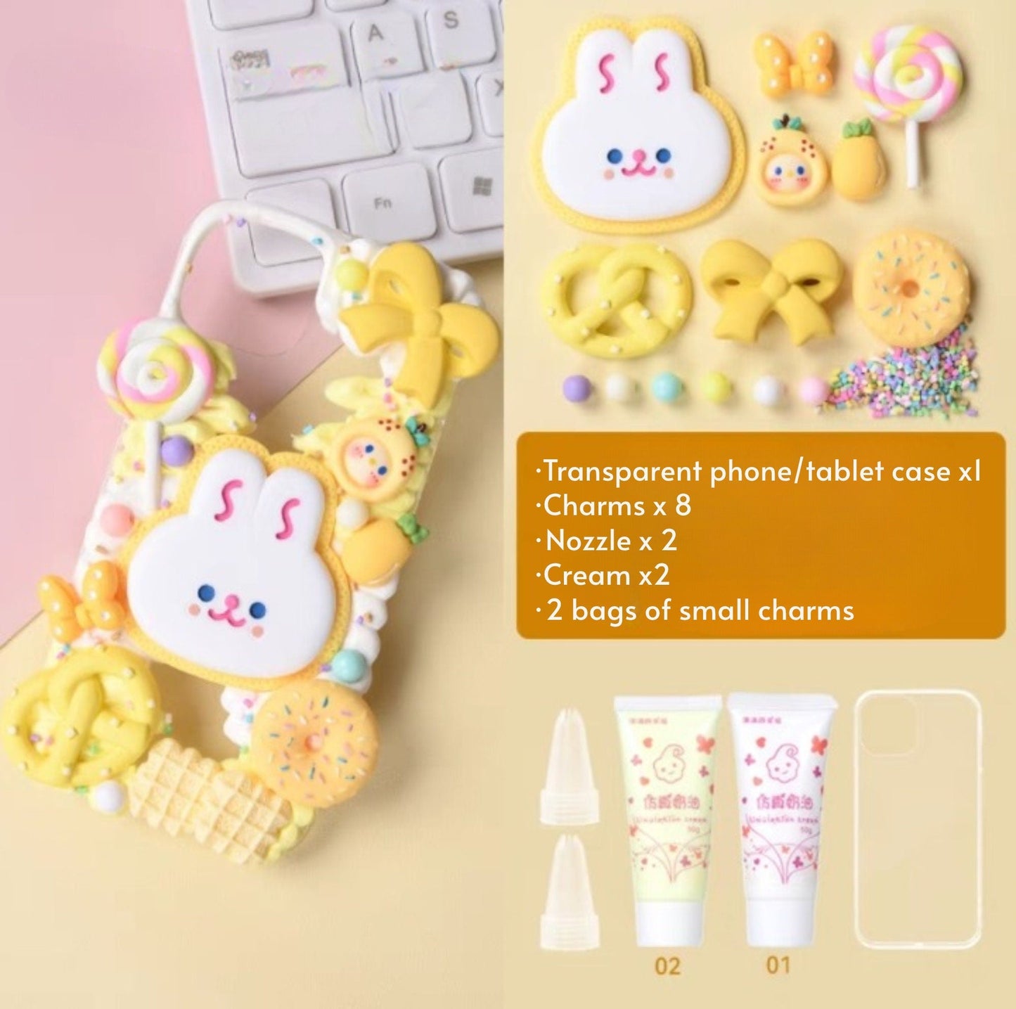 Decoden Custom Phone Case DIY Craft Kits | Kawaii Rabbit Face Food Candy Color Pearls Charms | Samsung Android iPhone Cases - MeowsomeCrafts