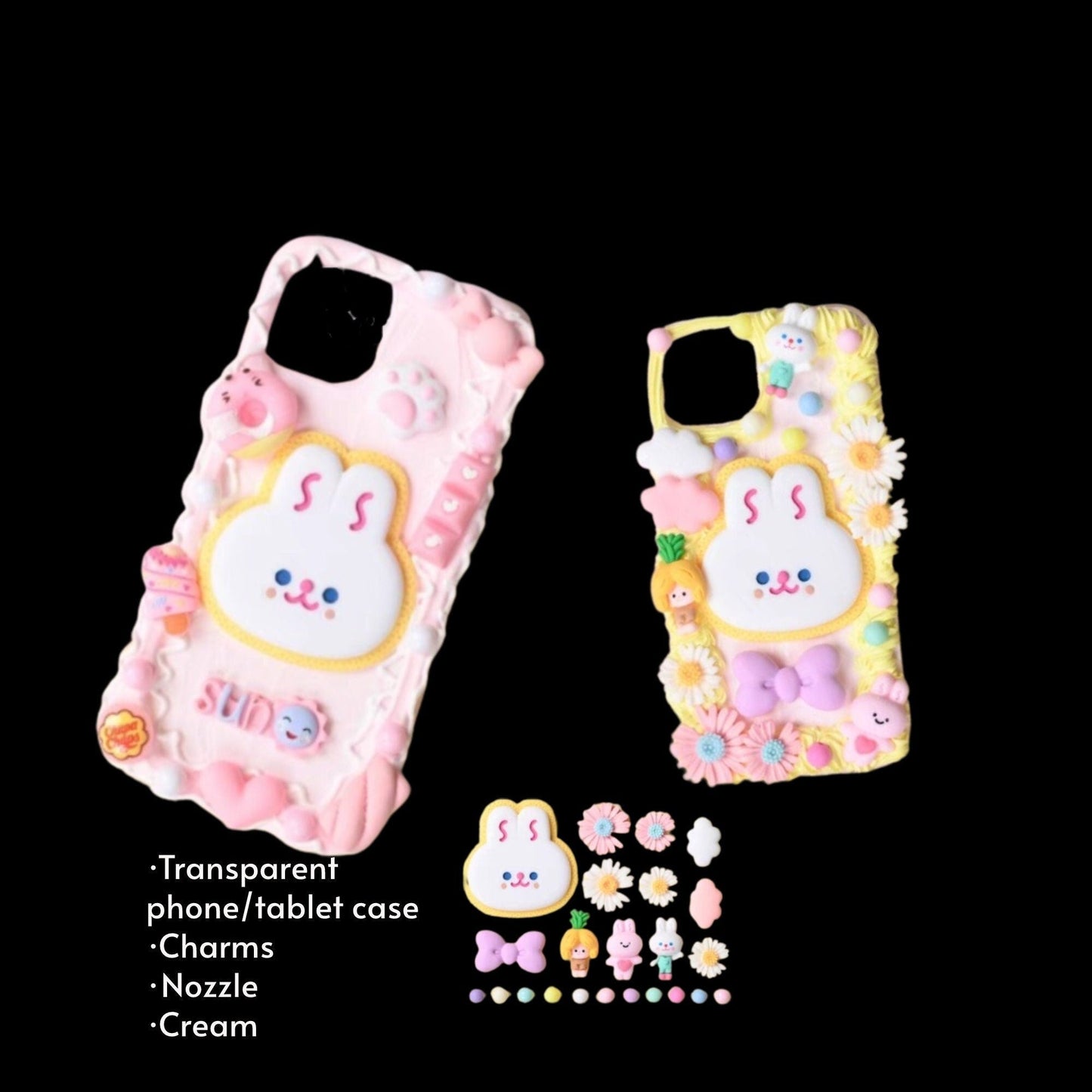 Decoden Custom Phone Case DIY Craft Kits | Kawaii Rabbit Face Food Candy Color Pearls Charms | Samsung Android iPhone Cases - MeowsomeCrafts