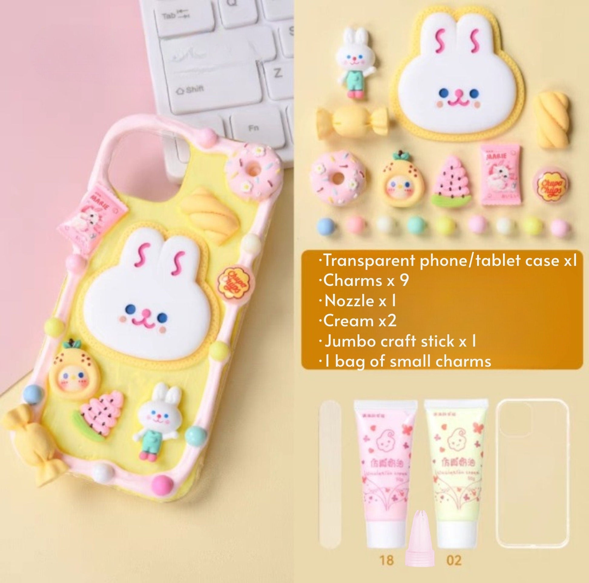 Decoden Custom Phone Case DIY Craft Kits | Kawaii Rabbit Face Food Candy Color Pearls Charms | Samsung Android iPhone Cases - MeowsomeCrafts