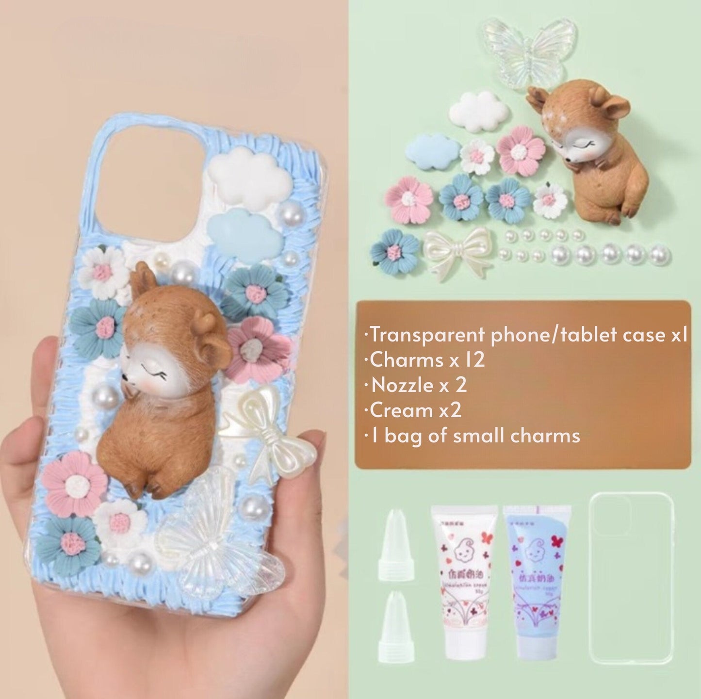 Decoden Custom Phone Case DIY Craft Kits | Kawaii Sleeping Sika Baby Deer Clouds Flowers Charms | Samsung Android iPhone Cases - MeowsomeCrafts