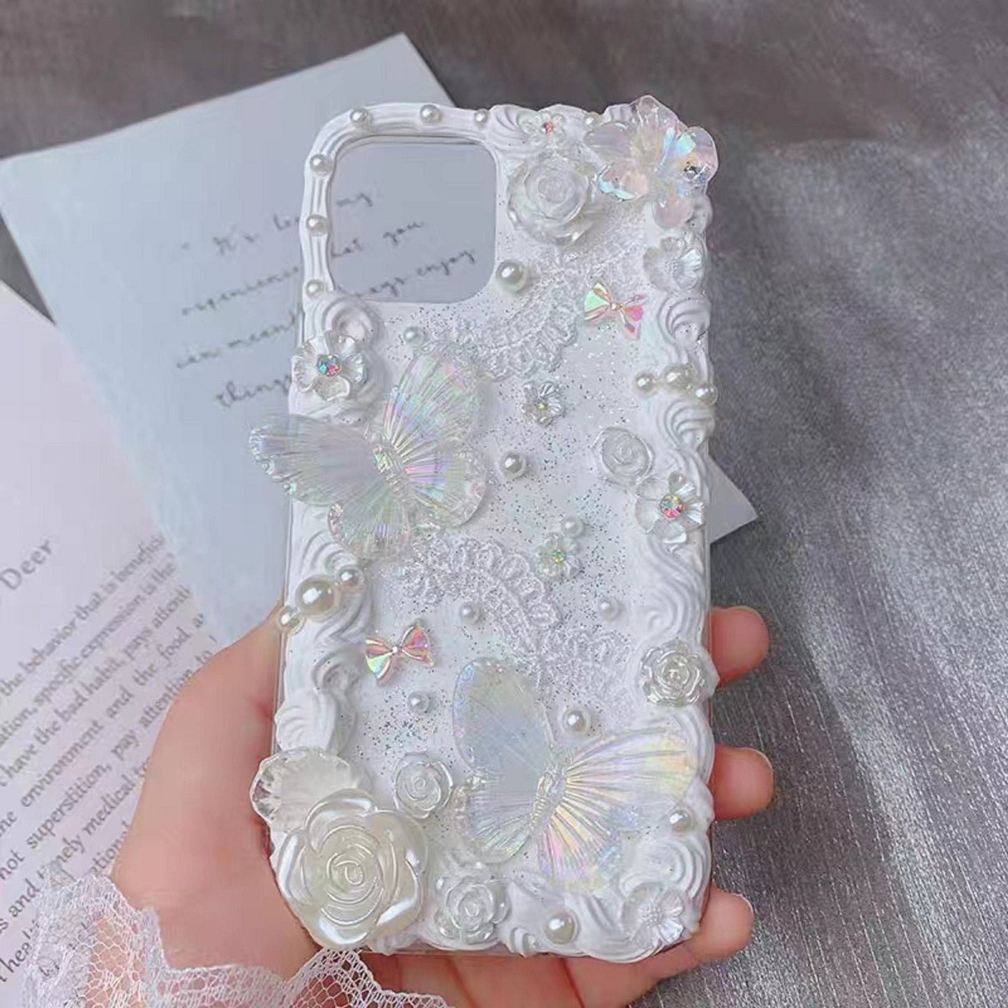 Decoden Custom Phone Case DIY Craft Kits | Lace Iridescent Butterflies Flowers Pearls Charms | Samsung Android iPhone Cases - MeowsomeCrafts