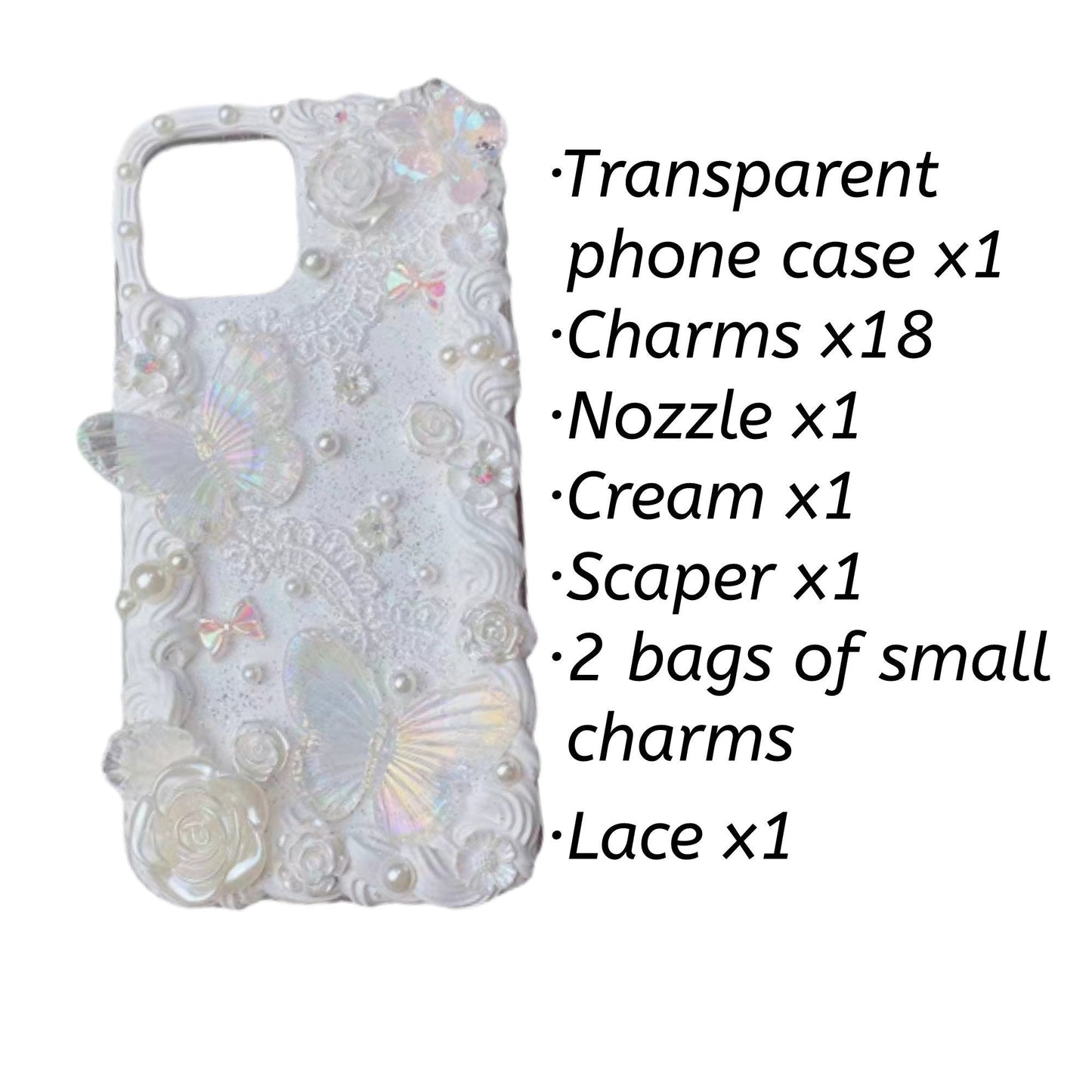 Decoden Custom Phone Case DIY Craft Kits | Lace Iridescent Butterflies Flowers Pearls Charms | Samsung Android iPhone Cases - MeowsomeCrafts