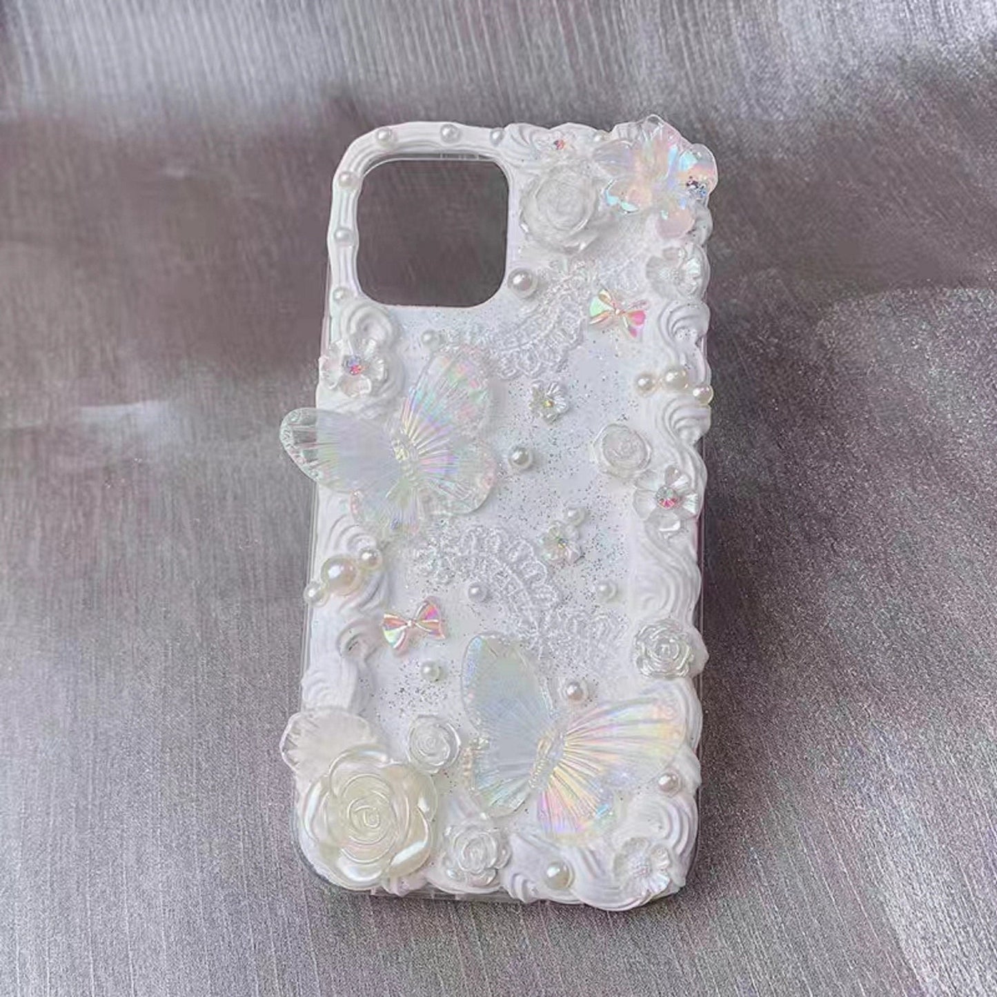 Decoden Custom Phone Case DIY Craft Kits | Lace Iridescent Butterflies Flowers Pearls Charms | Samsung Android iPhone Cases - MeowsomeCrafts