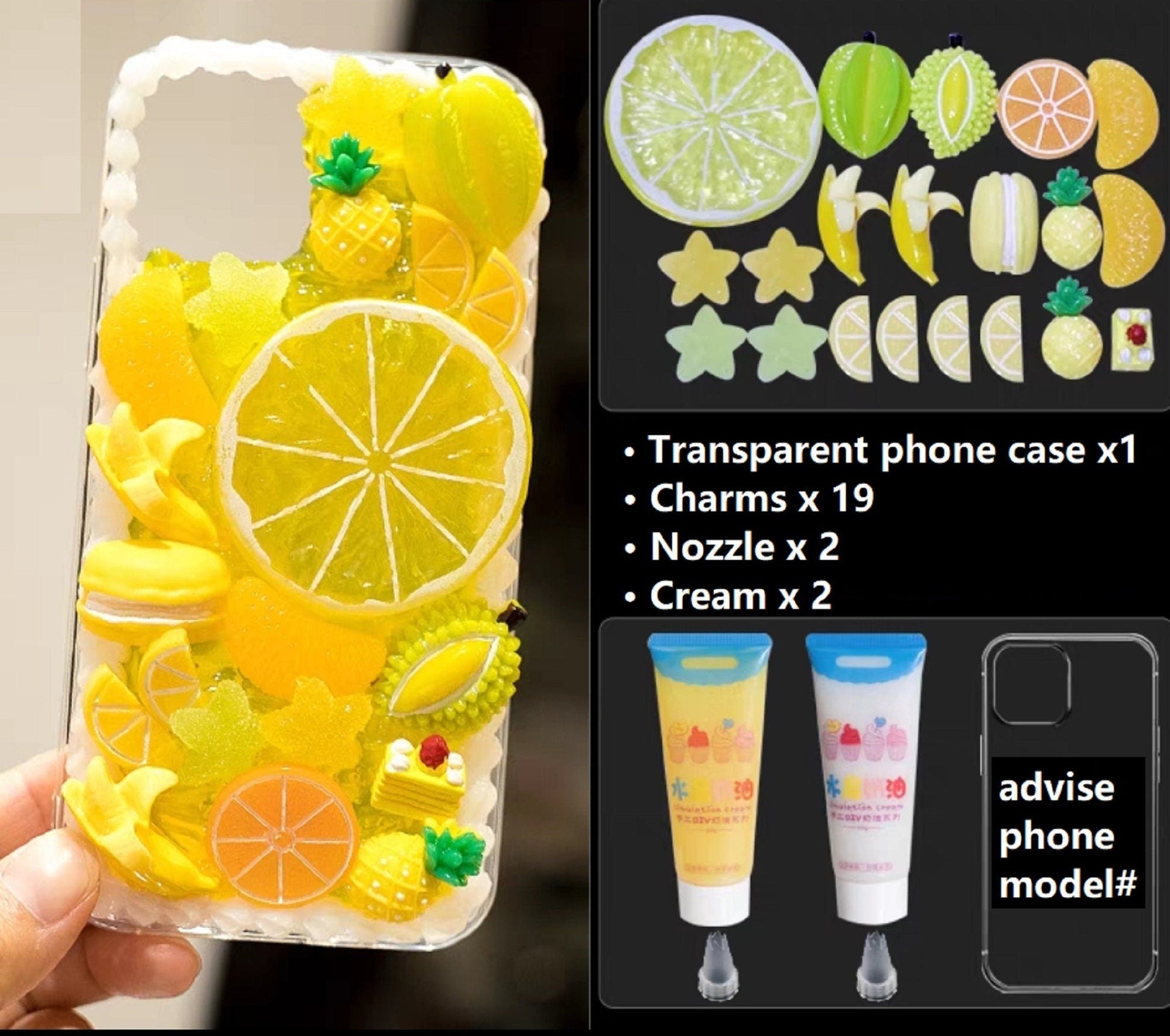 Decoden Custom Phone Case DIY Craft Kits | Lemon Orange Slices Pineapple Banana Fruit Charms | Samsung Android iPhone Cases - MeowsomeCrafts