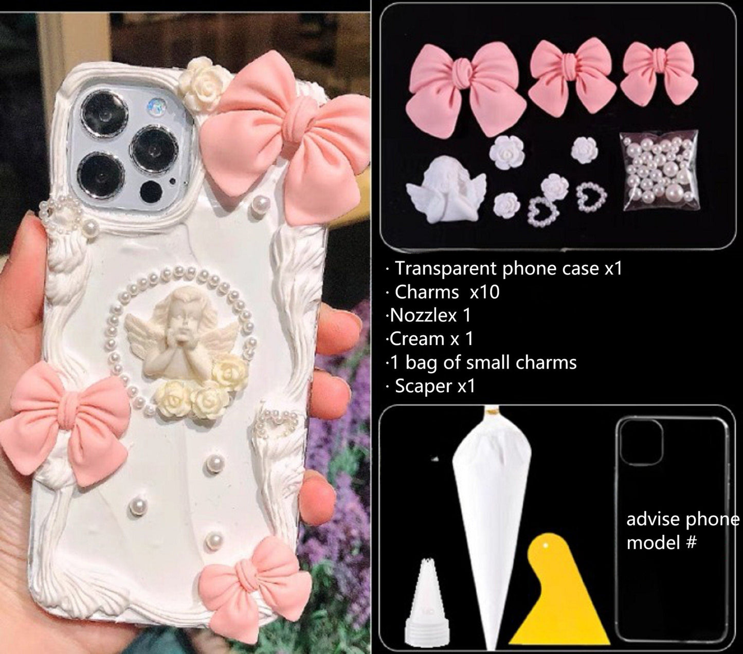 Decoden Custom Phone Case DIY Craft Kits | Ornate Frame Angel Flowers Daisies Bows Pearls Charms | Samsung Android iPhone Cases - MeowsomeCrafts