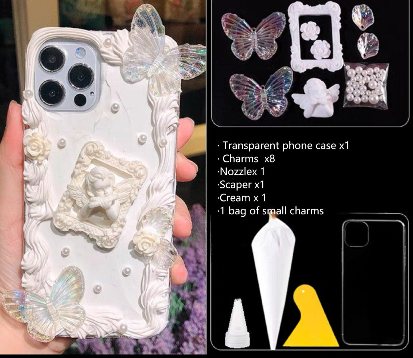 Decoden Custom Phone Case DIY Craft Kits | Ornate Frame Angel Flowers Daisies Bows Pearls Charms | Samsung Android iPhone Cases - MeowsomeCrafts