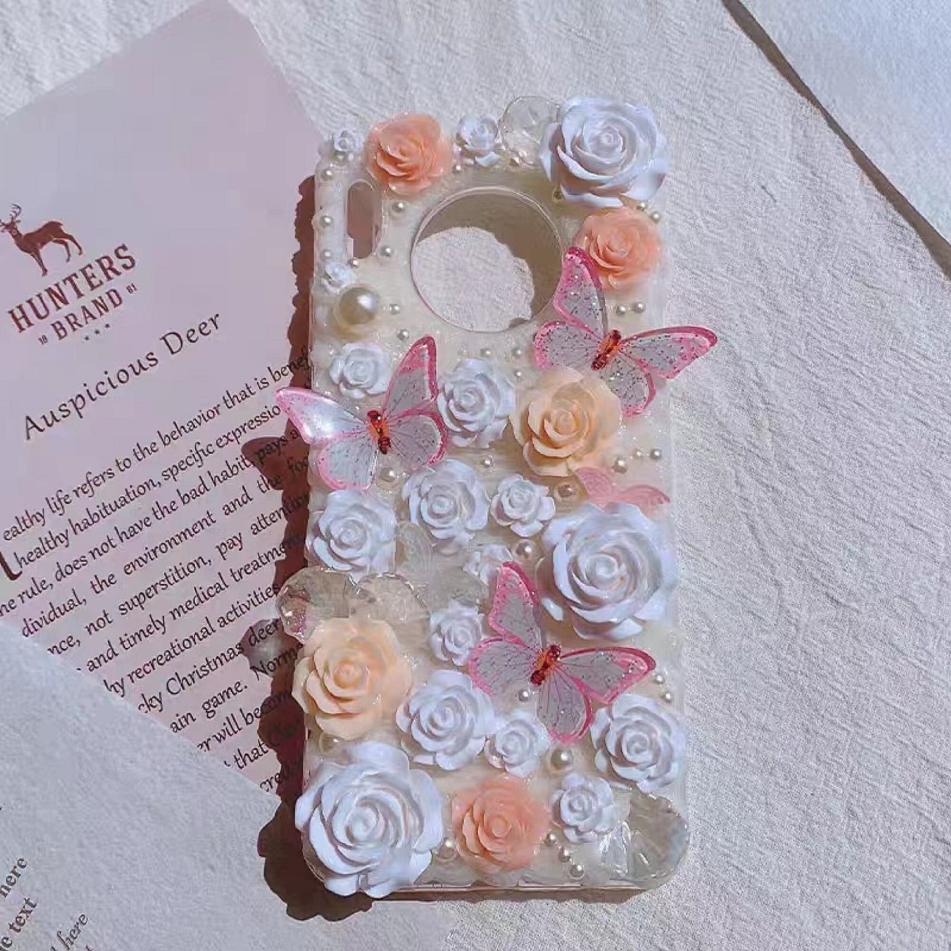 Decoden Custom Phone Case DIY Craft Kits | Pink Butterflies White Peach Flowers Bows Pearls Charms | Samsung Android iPhone Cases - MeowsomeCrafts