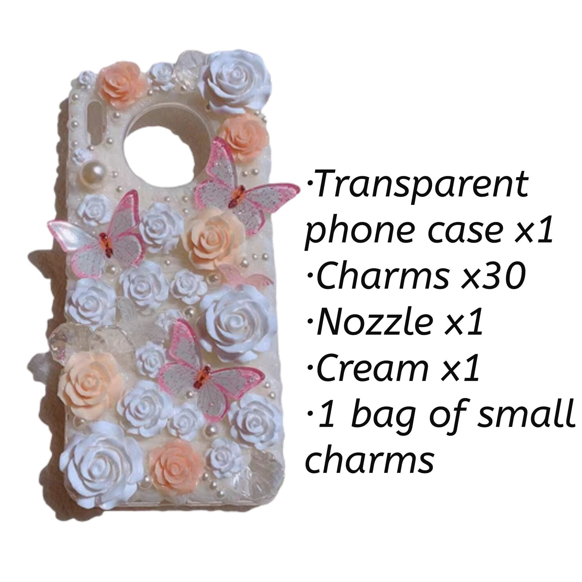 Decoden Custom Phone Case DIY Craft Kits | Pink Butterflies White Peach Flowers Bows Pearls Charms | Samsung Android iPhone Cases - MeowsomeCrafts