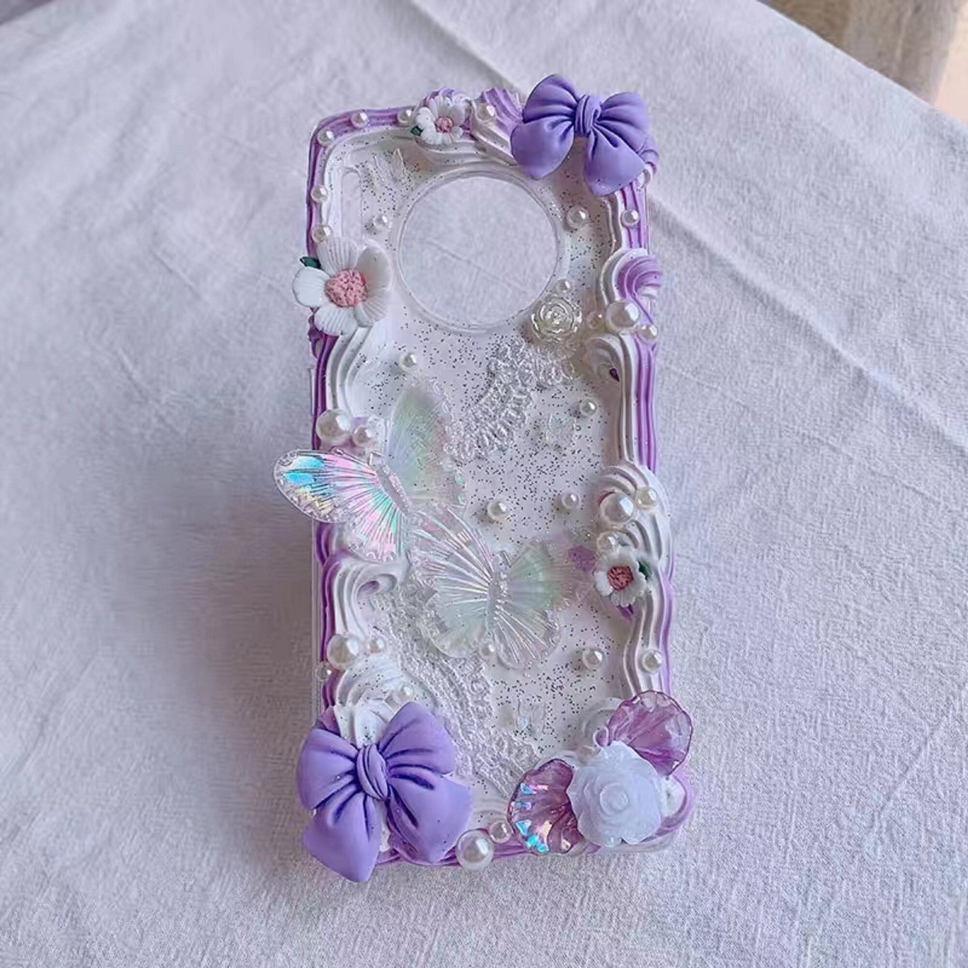 Decoden Custom Phone Case DIY Craft Kits | Pink Butterflies White Peach Flowers Bows Pearls Charms | Samsung Android iPhone Cases - MeowsomeCrafts