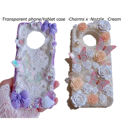 Decoden Custom Phone Case DIY Craft Kits | Pink Butterflies White Peach Flowers Bows Pearls Charms | Samsung Android iPhone Cases - MeowsomeCrafts