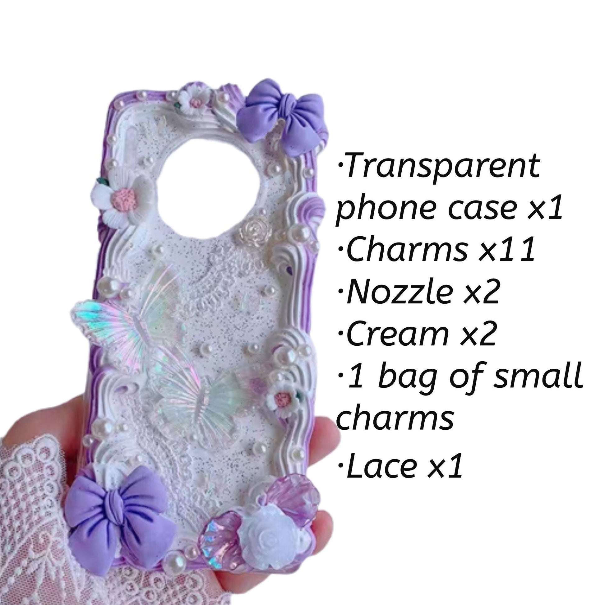 Decoden Custom Phone Case DIY Craft Kits | Pink Butterflies White Peach Flowers Bows Pearls Charms | Samsung Android iPhone Cases - MeowsomeCrafts