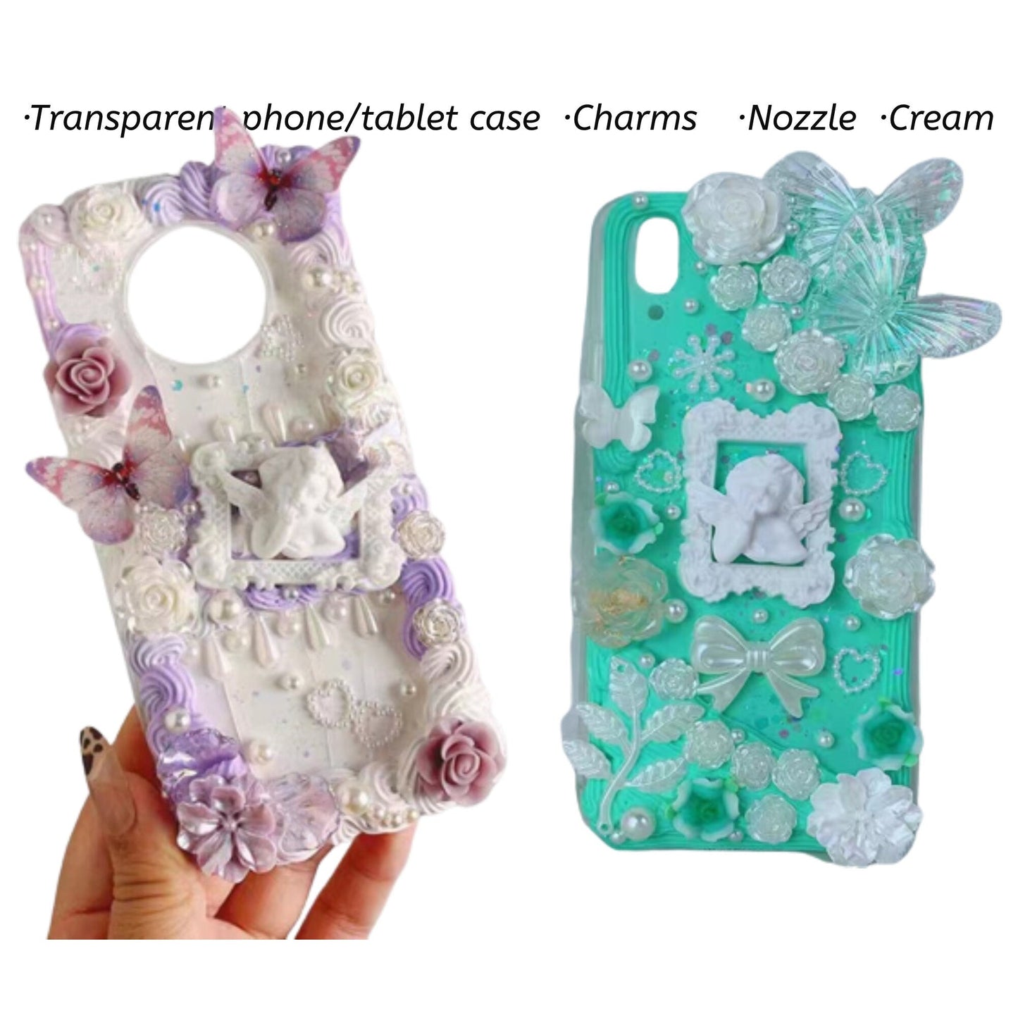 Decoden Custom Phone Case DIY Craft Kits | Pink Purple White Butterflies Flowers Frame Angel Charms | Samsung Android iPhone Cases - MeowsomeCrafts