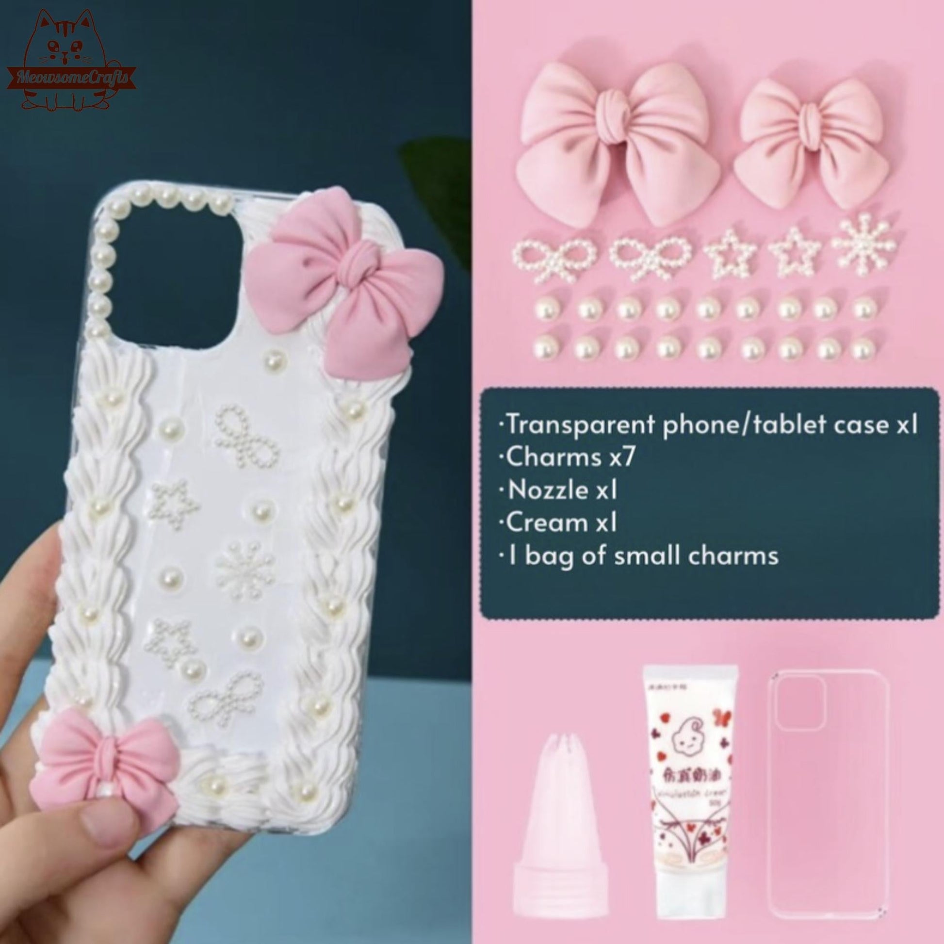 Decoden Custom Phone Case DIY Craft Kits | Pink Red Bows Pearls Flowers Kawaii Food Charms | Samsung Android iPhone Cases - MeowsomeCrafts