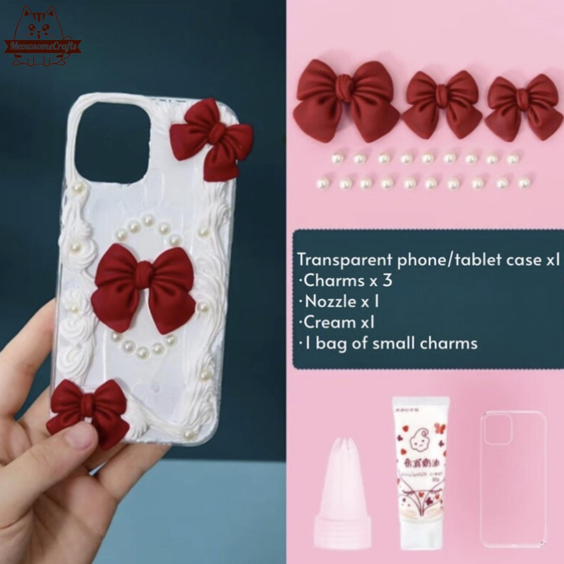 Decoden Custom Phone Case DIY Craft Kits | Pink Red Bows Pearls Flowers Kawaii Food Charms | Samsung Android iPhone Cases - MeowsomeCrafts