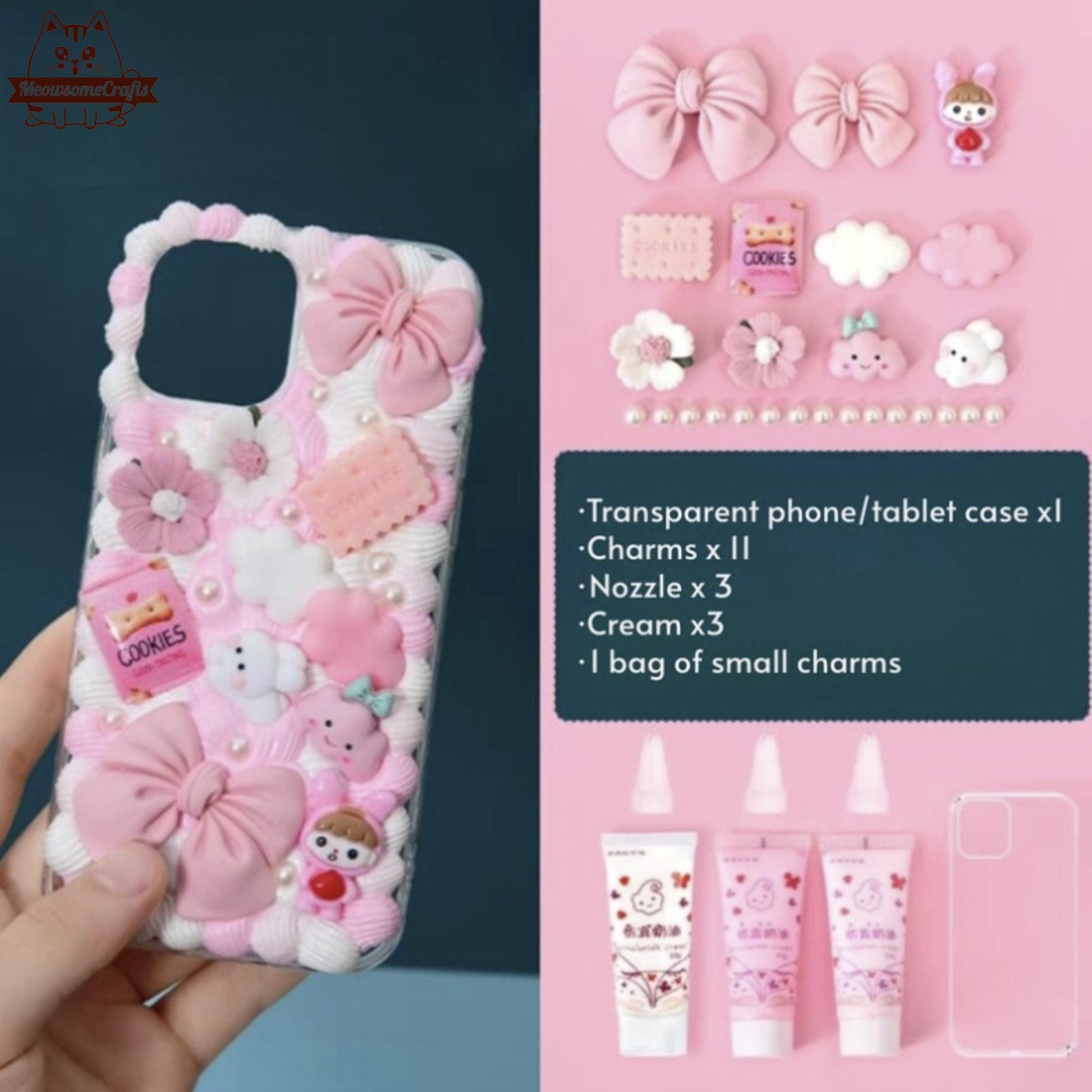 Decoden Custom Phone Case DIY Craft Kits | Pink Red Bows Pearls Flowers Kawaii Food Charms | Samsung Android iPhone Cases - MeowsomeCrafts