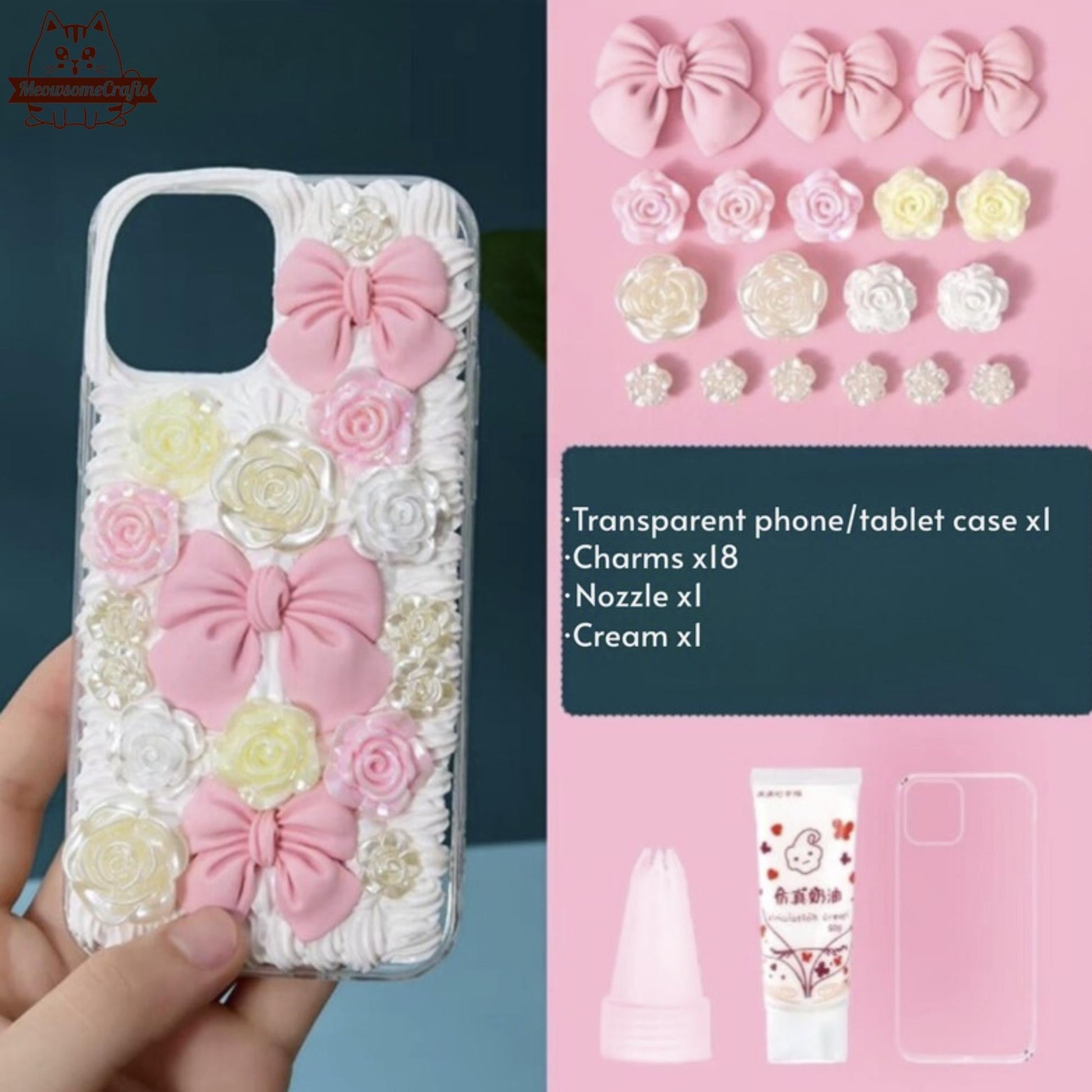 Decoden Custom Phone Case DIY Craft Kits | Pink Red Bows Pearls Flowers Kawaii Food Charms | Samsung Android iPhone Cases - MeowsomeCrafts