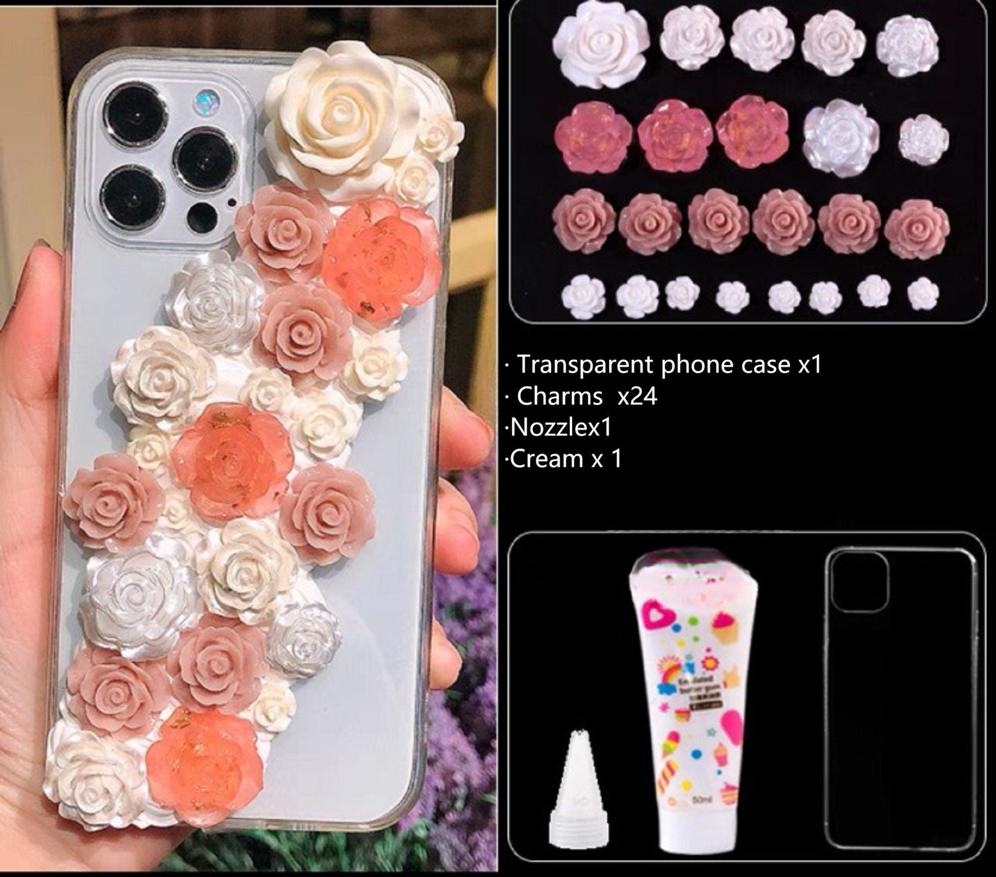 Decoden Custom Phone Case DIY Craft Kits | Pink White Peach Black Gray Roses Butterflies Charms | Samsung Android iPhone Cases - MeowsomeCrafts