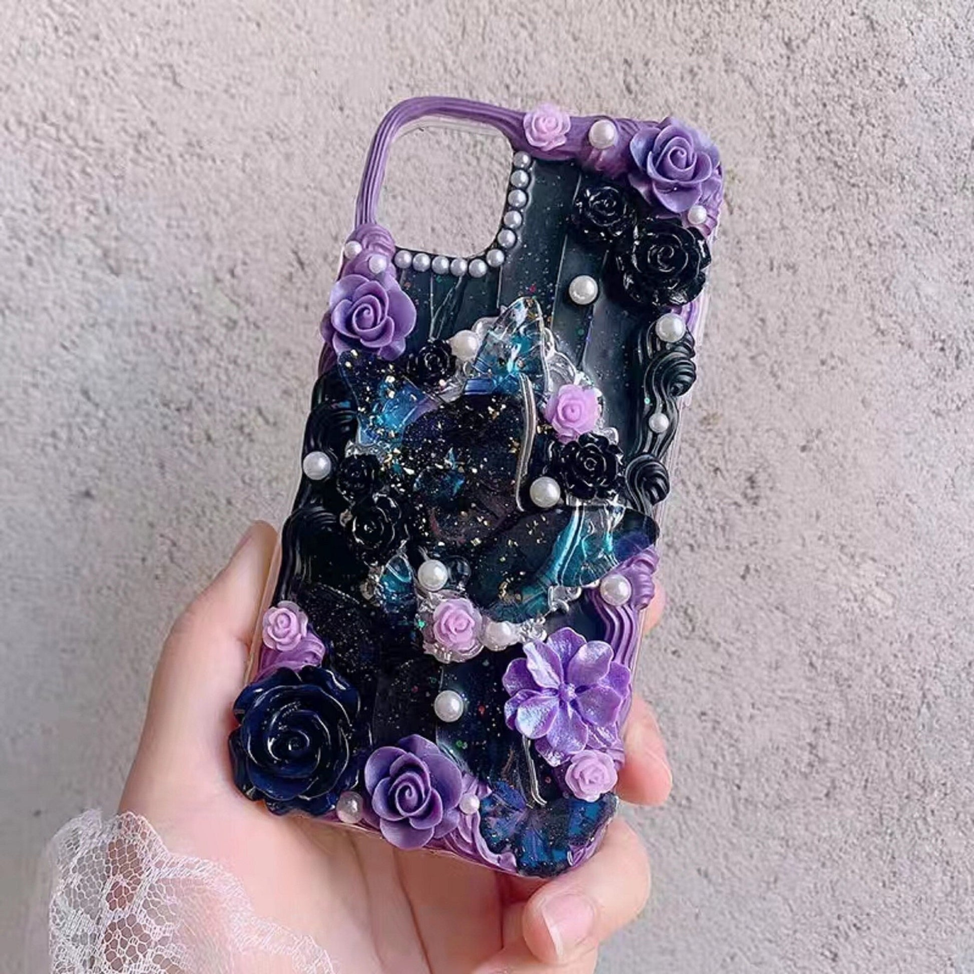 Decoden Custom Phone Case DIY Craft Kits | Purple Black Red Roses Iridescent Butterflies Charms | Samsung Android iPhone Cases - MeowsomeCrafts