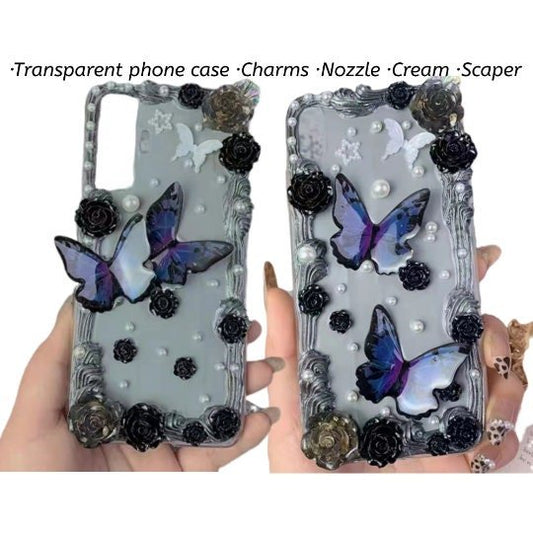 Decoden Custom Phone Case DIY Craft Kits | Purple Blue Butterflies Roses Pearls Charms | Samsung Android iPhone Cases - MeowsomeCrafts