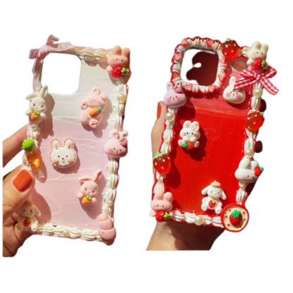 Decoden Custom Phone Case DIY Craft Kits | Rabbits Strawberries Carrots Bow Ribbons Pearls Charms | Samsung Android iPhone Cases - MeowsomeCrafts