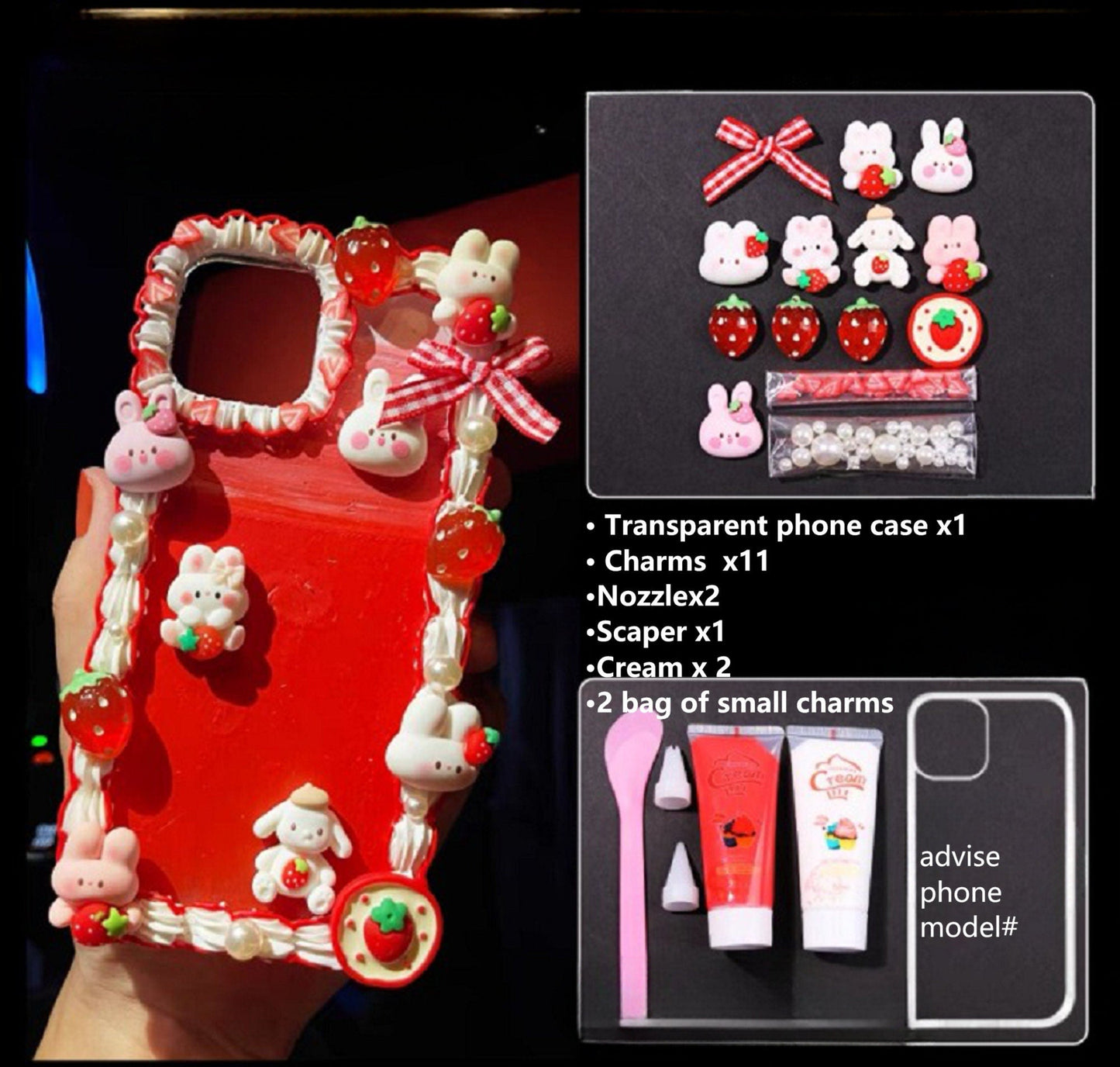 Decoden Custom Phone Case DIY Craft Kits | Rabbits Strawberries Carrots Bow Ribbons Pearls Charms | Samsung Android iPhone Cases - MeowsomeCrafts