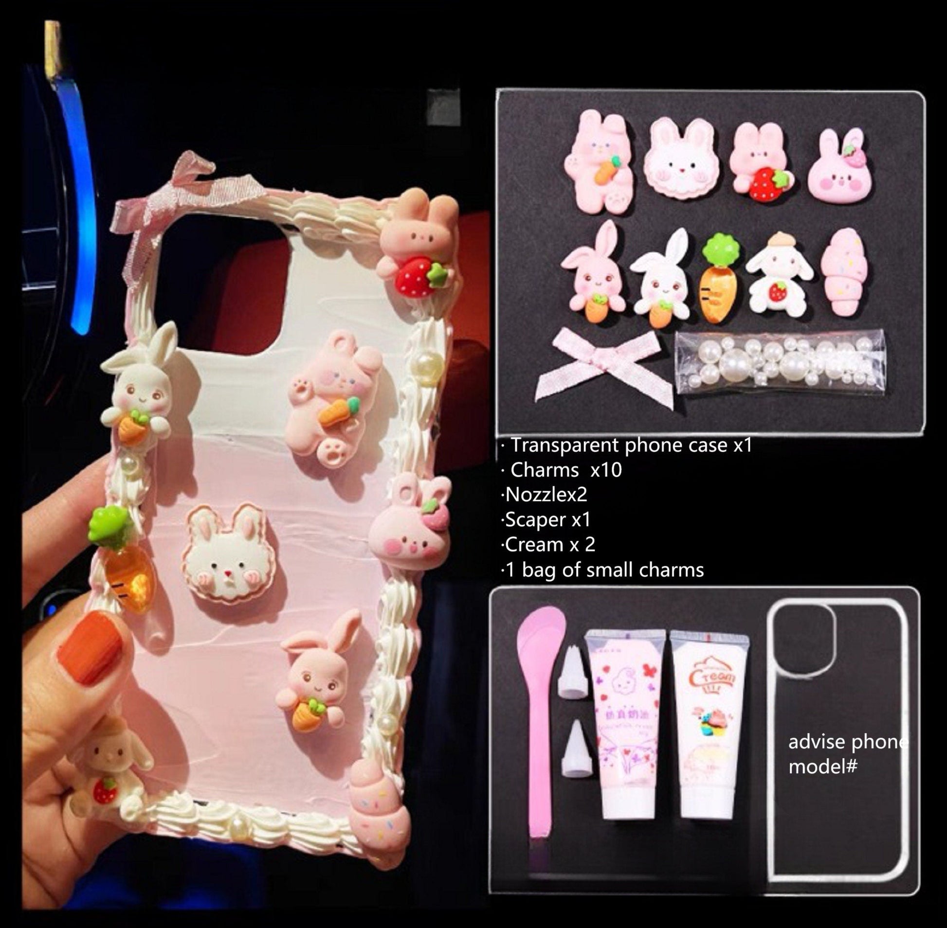 Decoden Custom Phone Case DIY Craft Kits | Rabbits Strawberries Carrots Bow Ribbons Pearls Charms | Samsung Android iPhone Cases - MeowsomeCrafts