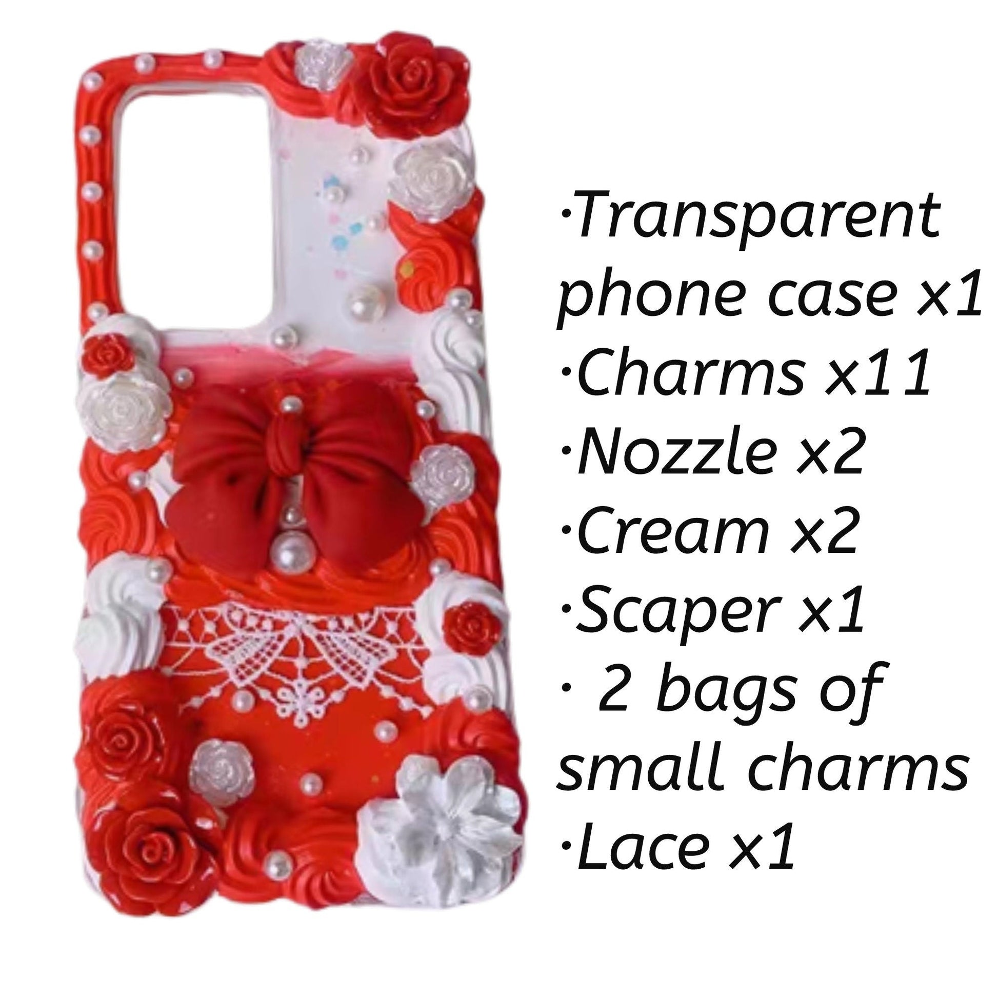 Decoden Custom Phone Case DIY Craft Kits | Red Black Big Bows Lace Flowers Pearls Charms | Samsung Android iPhone Cases - MeowsomeCrafts