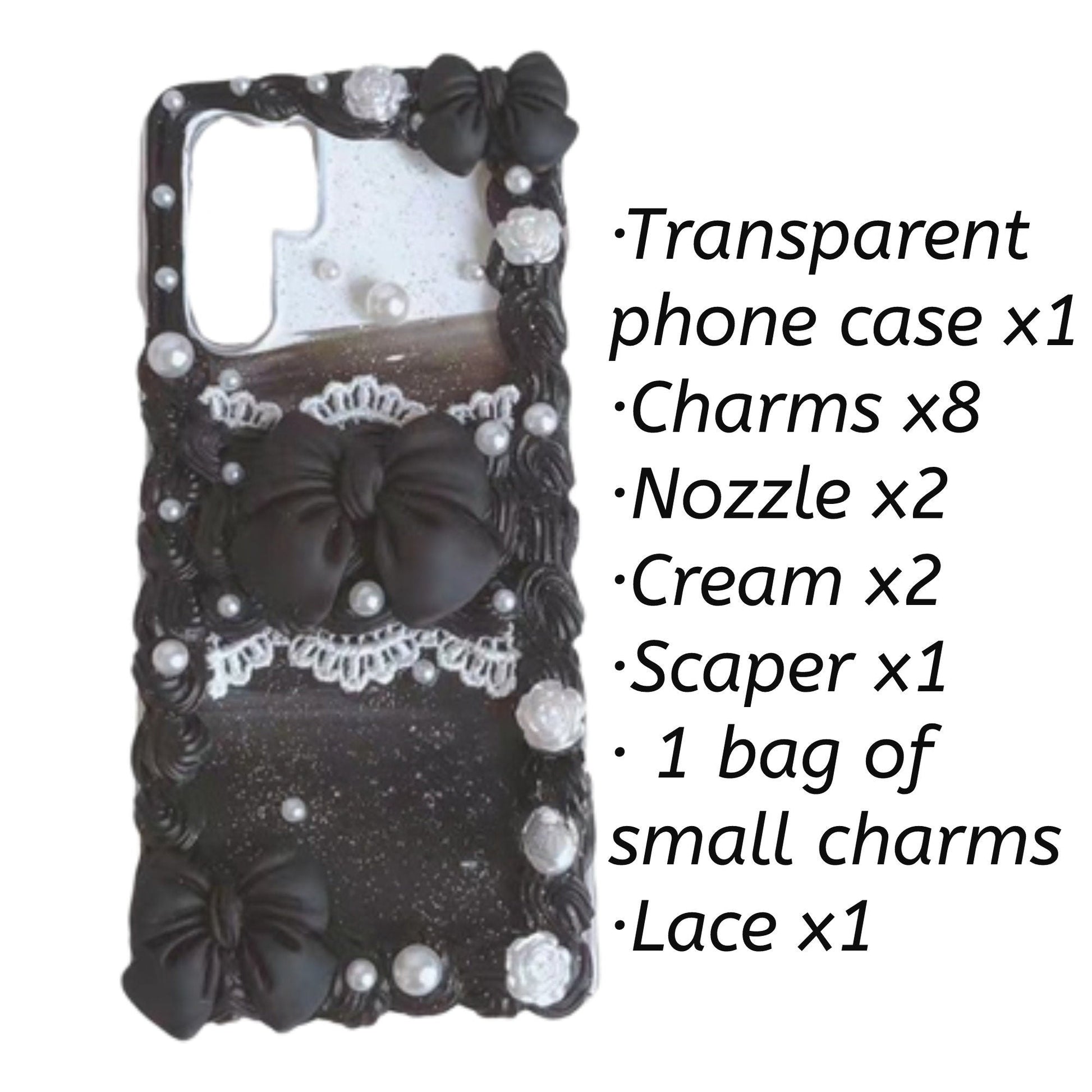 Decoden Custom Phone Case DIY Craft Kits | Red Black Big Bows Lace Flowers Pearls Charms | Samsung Android iPhone Cases - MeowsomeCrafts