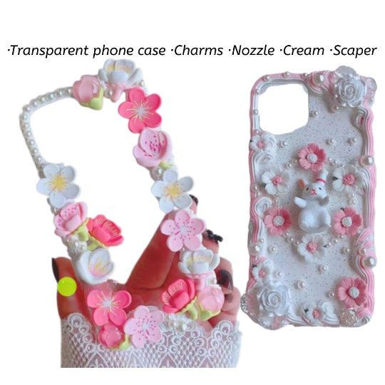 Decoden Custom Phone Case DIY Craft Kits | Sakura Flowers Daisies Rabbit Pearls Charms | Samsung Android iPhone Cases - MeowsomeCrafts