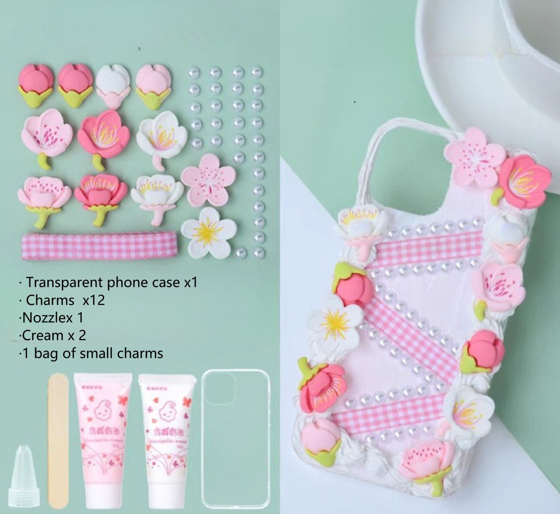 Decoden Custom Phone Case DIY Craft Kits | Sakura Flowers Pearls Color Beads Plaid Ribbon Charms | Samsung Android iPhone Cases - MeowsomeCrafts