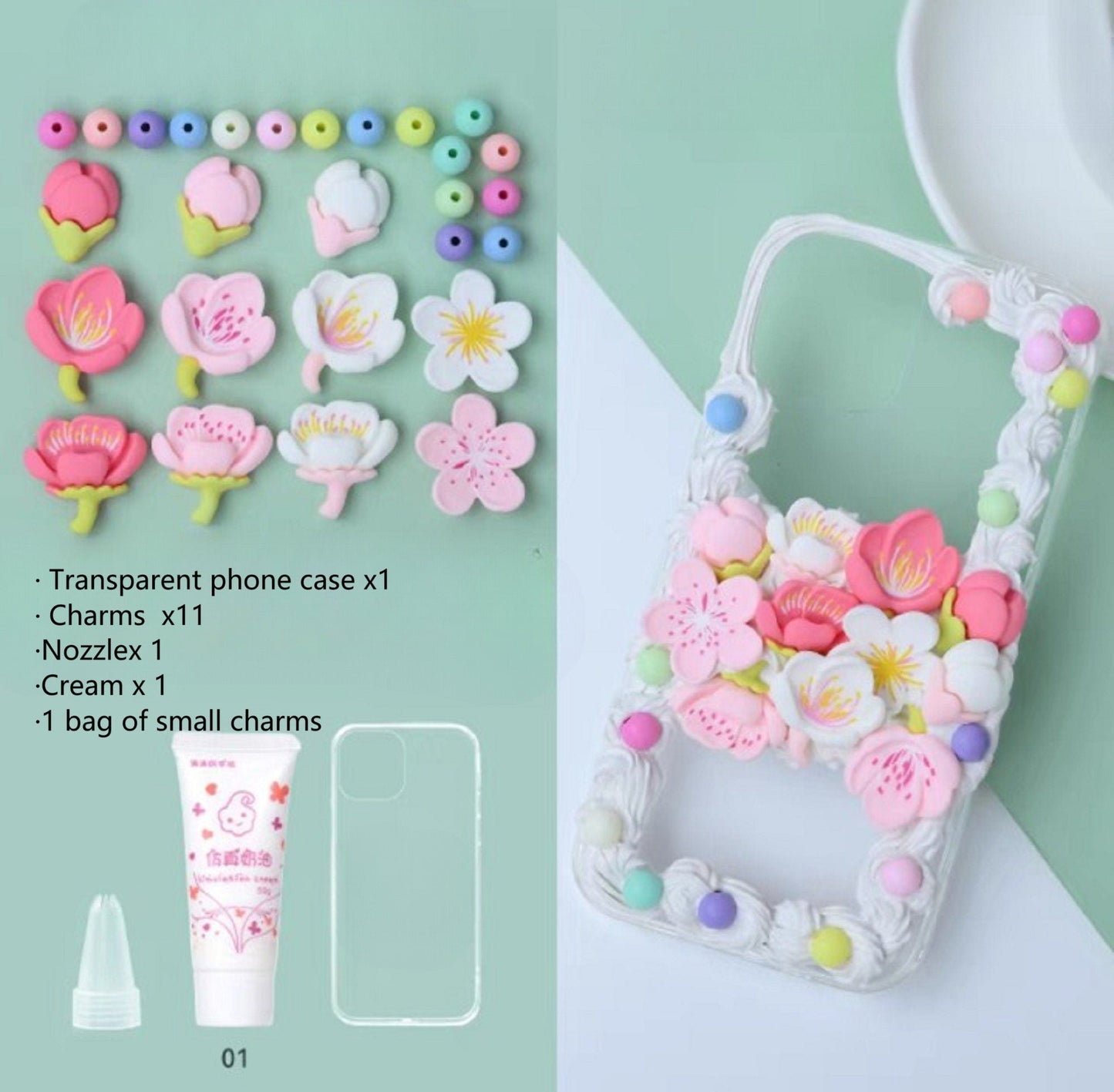 Decoden Custom Phone Case DIY Craft Kits | Sakura Flowers Pearls Color Beads Plaid Ribbon Charms | Samsung Android iPhone Cases - MeowsomeCrafts