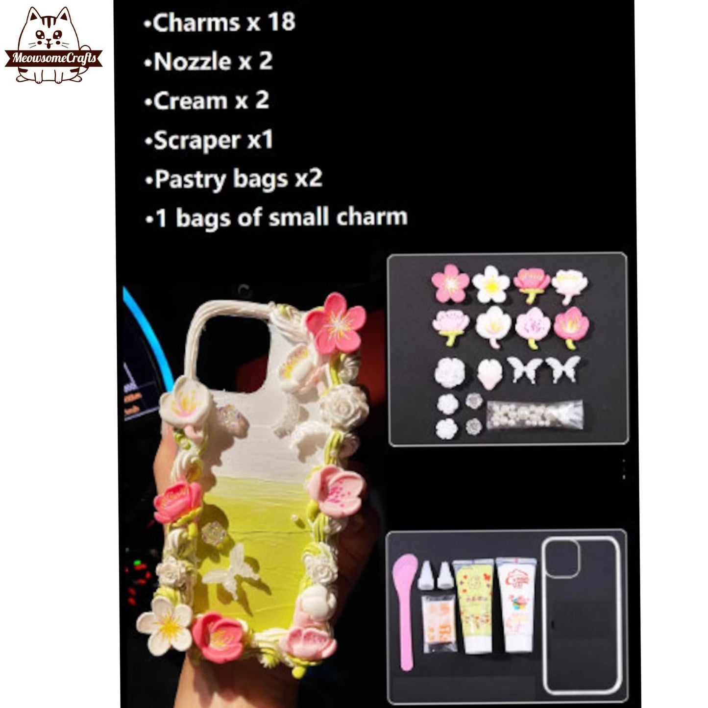 Decoden Custom Phone Case DIY Craft Kits | Sakura Flowers Pearls Teardrop Pearls Charms | Samsung Android iPhone Cases - MeowsomeCrafts