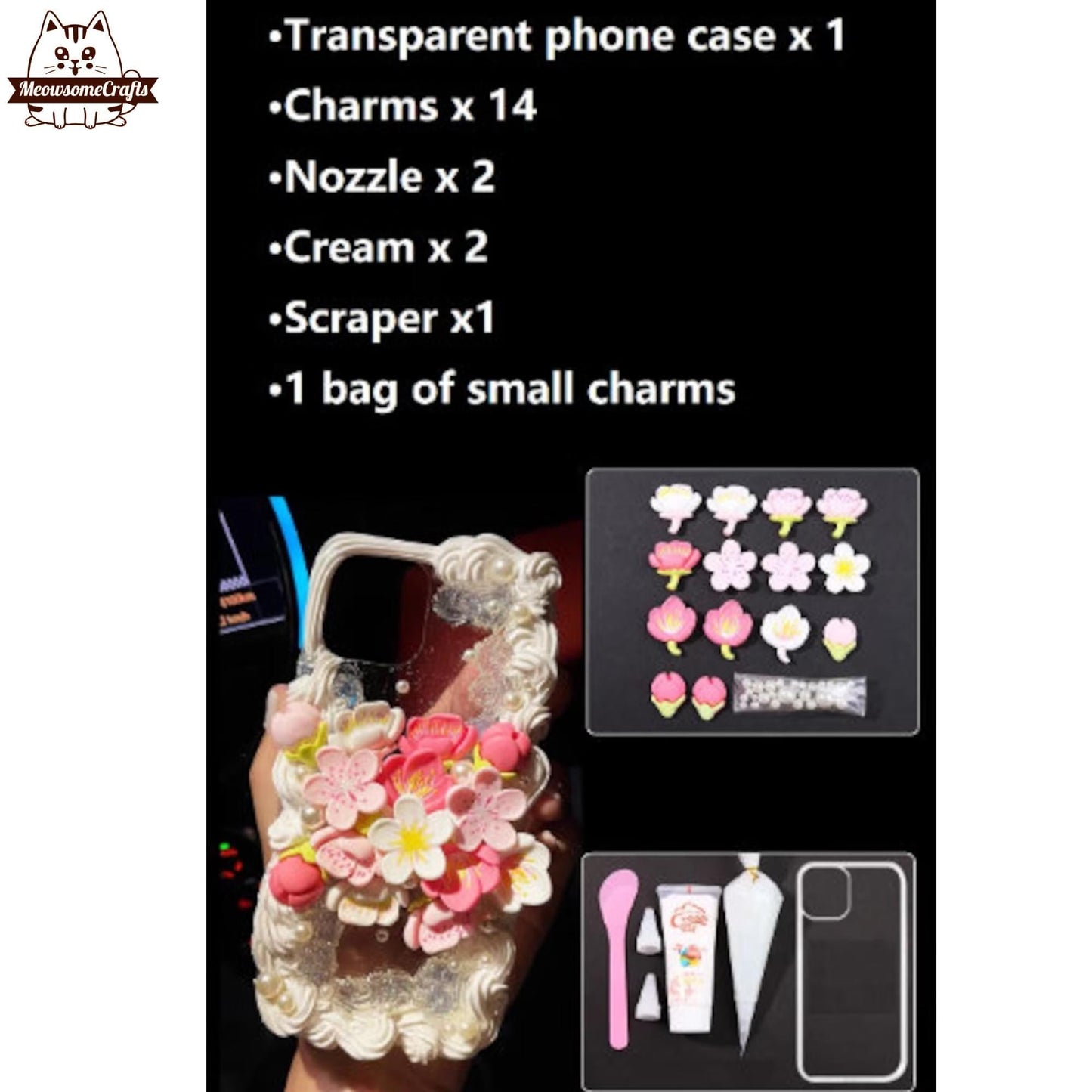 Decoden Custom Phone Case DIY Craft Kits | Sakura Flowers Pearls Teardrop Pearls Charms | Samsung Android iPhone Cases - MeowsomeCrafts