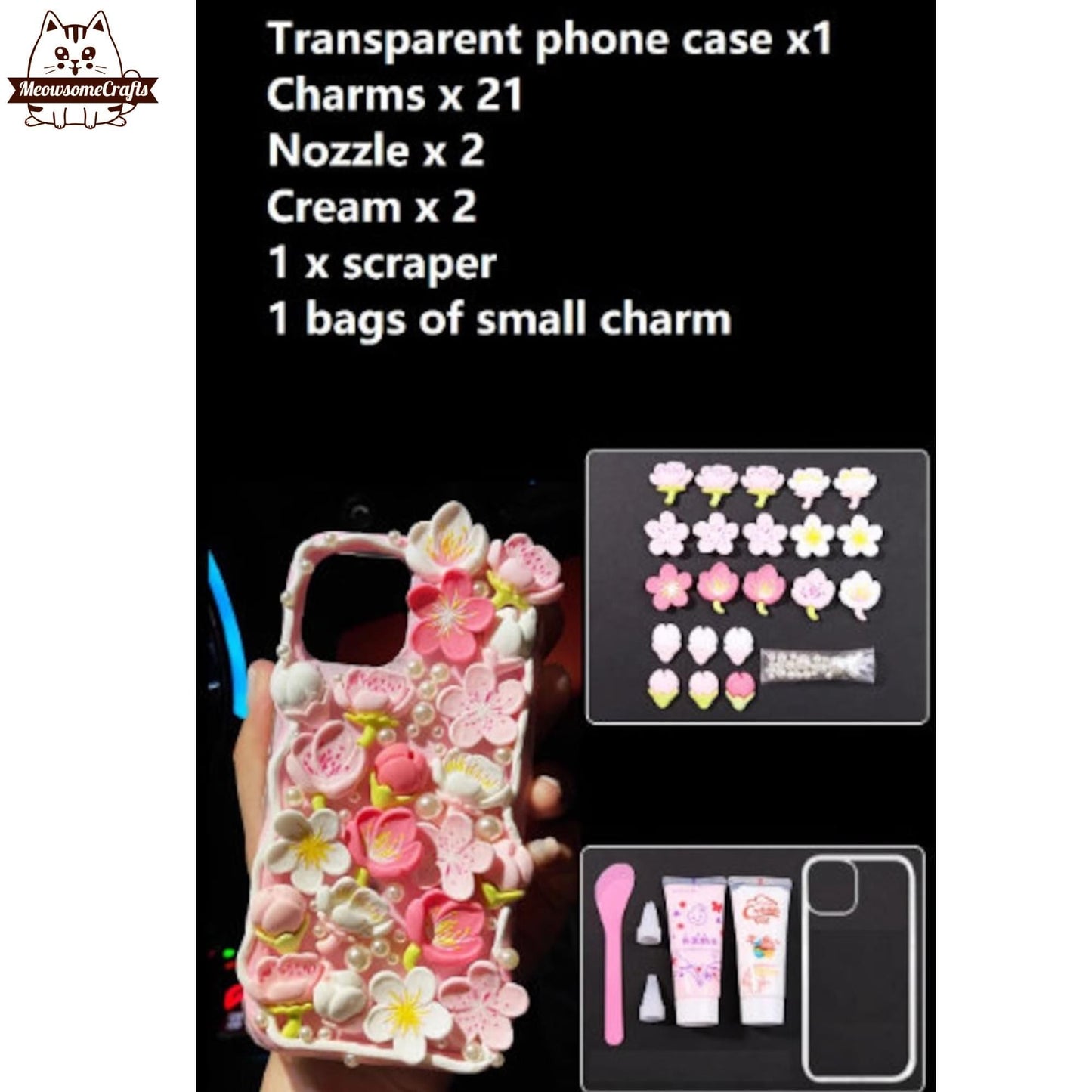 Decoden Custom Phone Case DIY Craft Kits | Sakura Flowers Pearls Teardrop Pearls Charms | Samsung Android iPhone Cases - MeowsomeCrafts